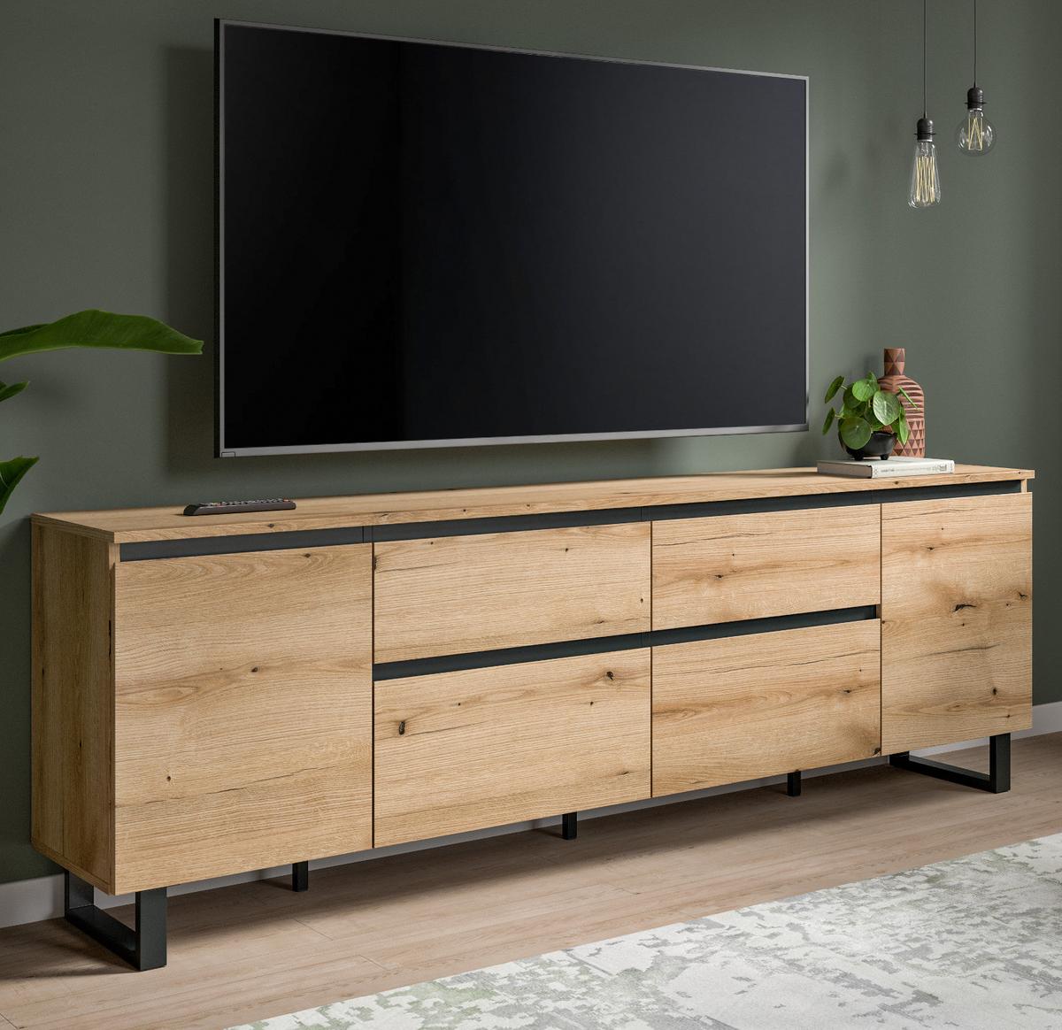 TV-LOWBOARD Evoke Eiche, schwarz, TV Unterschrank 188 x 65 cm, Soft-Close und Komforthöhe - Eichefarben/Schwarz, Holzwerkstoff/Metall (188/65/36cm) - Inn.Furn