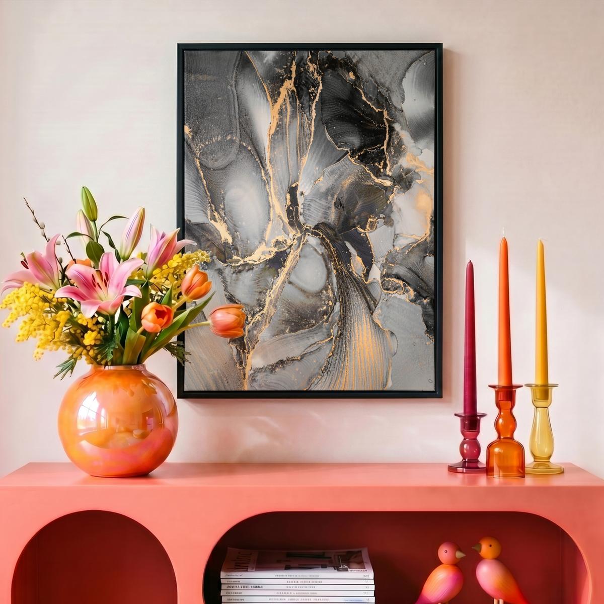 LEINWAND Bilder mit Rahmen - Grau - Luxus - Gold - Marmor - 30x40 - Dunkelgrau, Textil (30/40cm) - MuchoWow