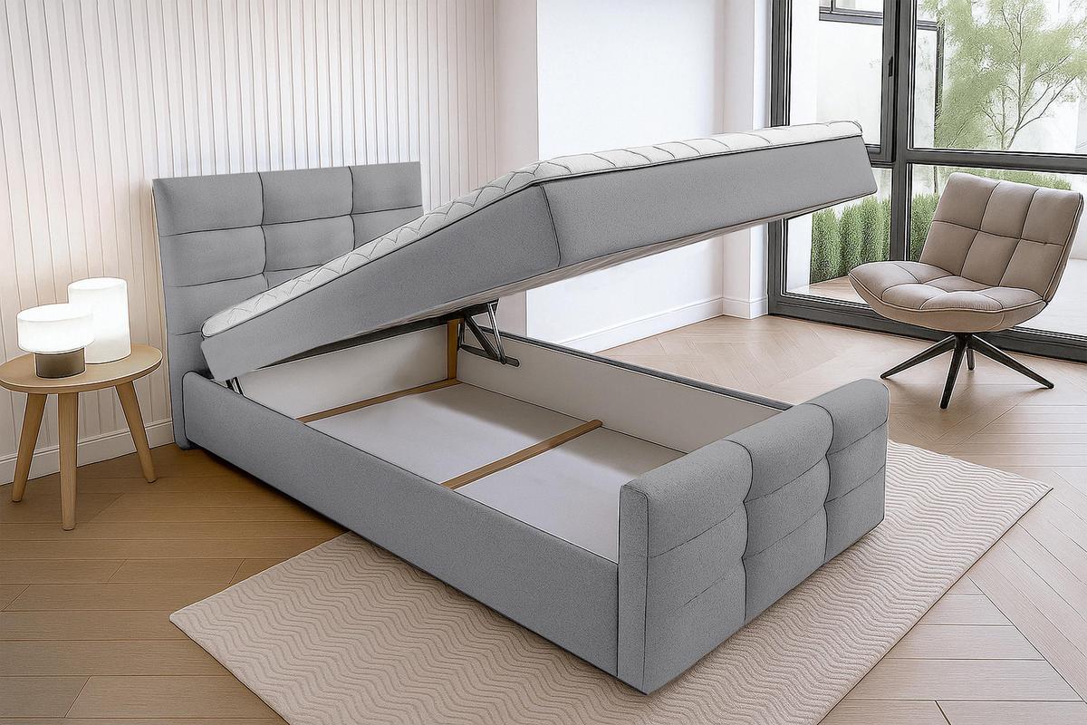 BOXBETT ARGENTARO 100x200 cm mit Bettkasten und Matratze - Grau + TOPPER - Schwarz/Grau, Holz/Holzwerkstoff (100/200cm) - AX Living