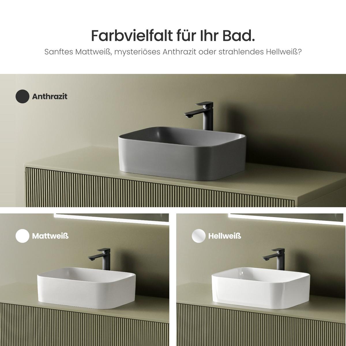 WASCHBECKEN Keramik Rechteck Abgerundete Matt Dunkelgrau 50,5 / 38 / 15 cm - Schwarz, Keramik (50.5/15/38cm) - EMKE