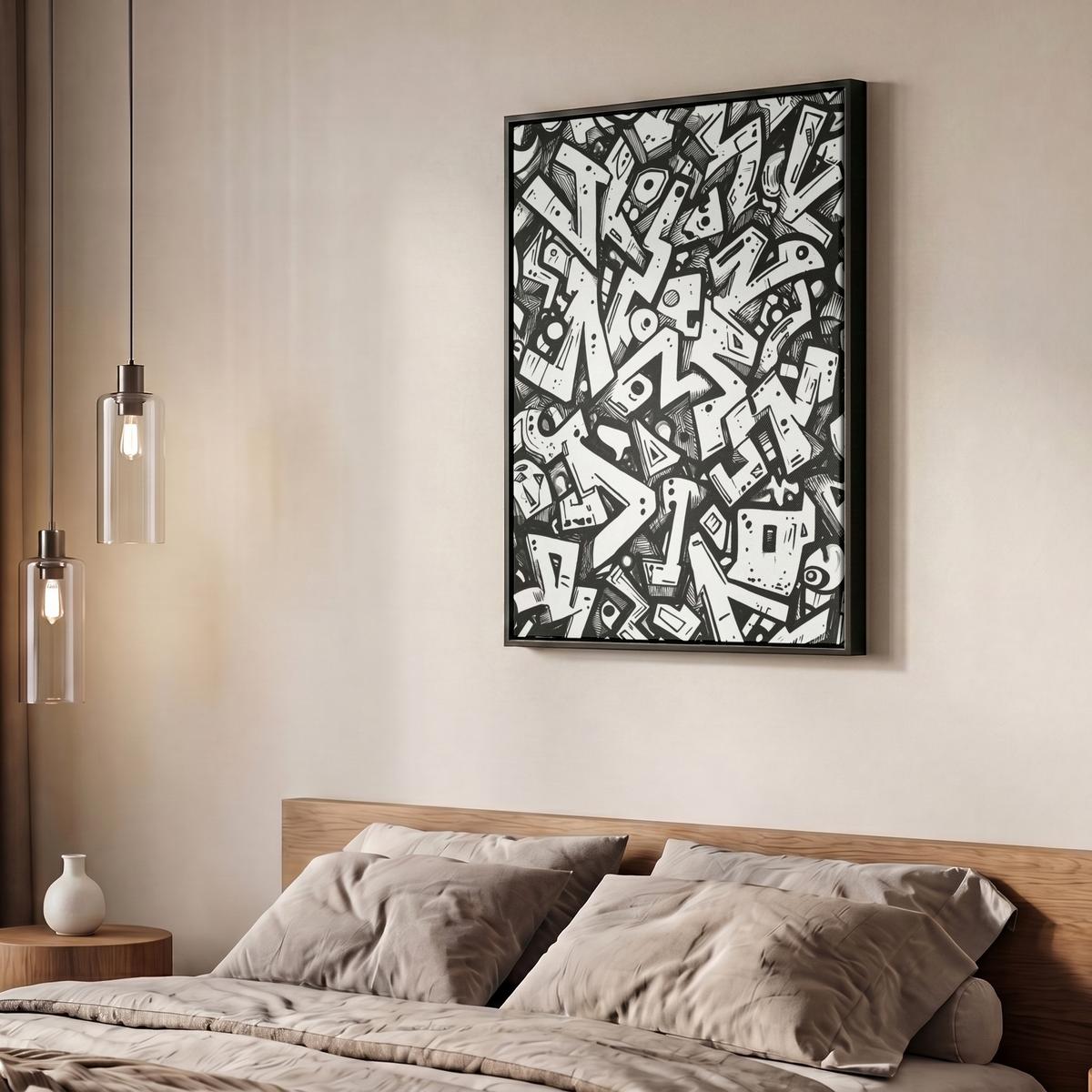 LEINWAND Bilder mit Rahmen - Formen - Buchstaben - Graffiti - Schwarz - 60x80 - Schwarz, Textil (60/80cm) - MuchoWow