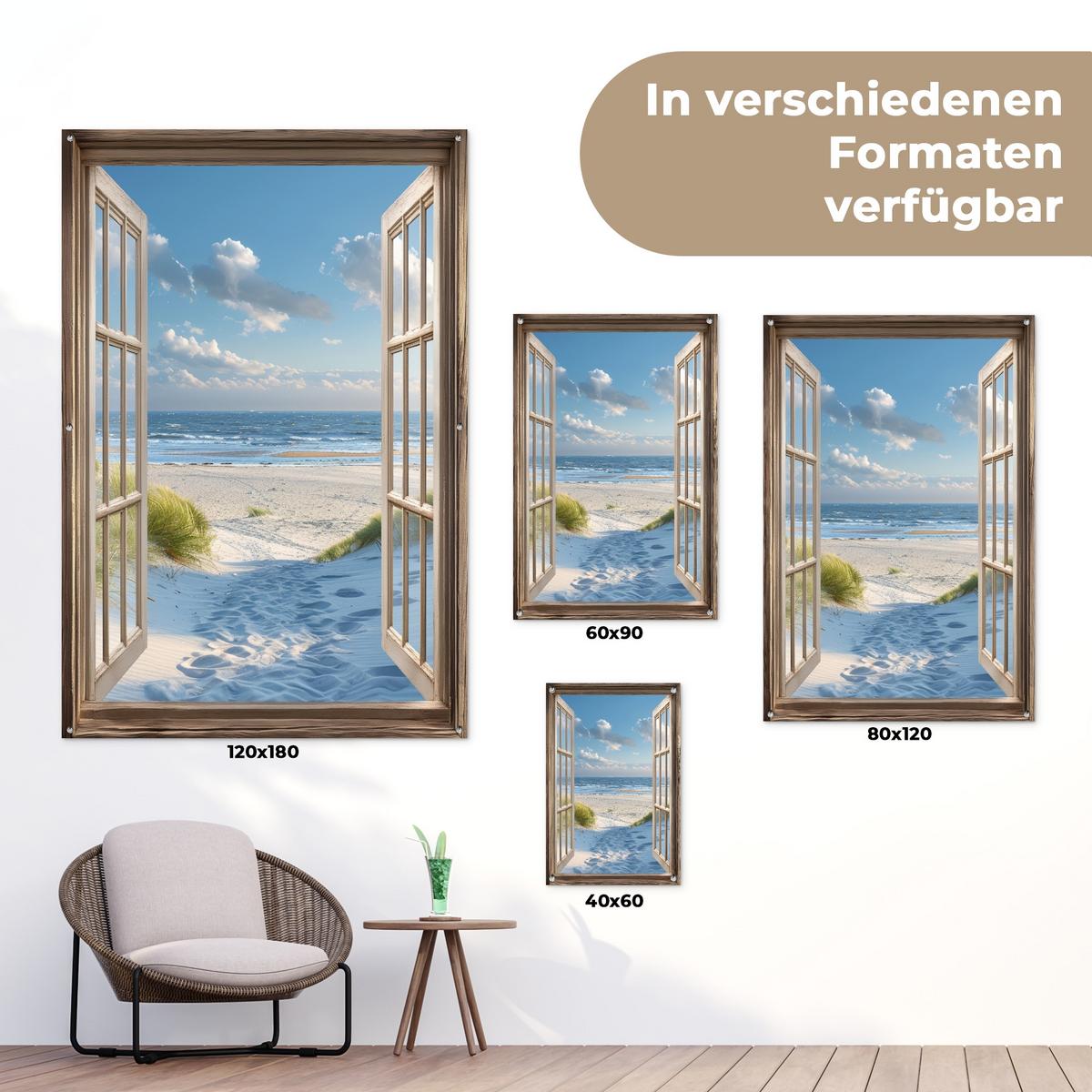 GARTENPOSTER Aussicht - Strand - Fenster - Dünen - Meer Bild 120x180 cm - Hellblau, Kunststoff (120/180/0.2cm) - OnlyWow
