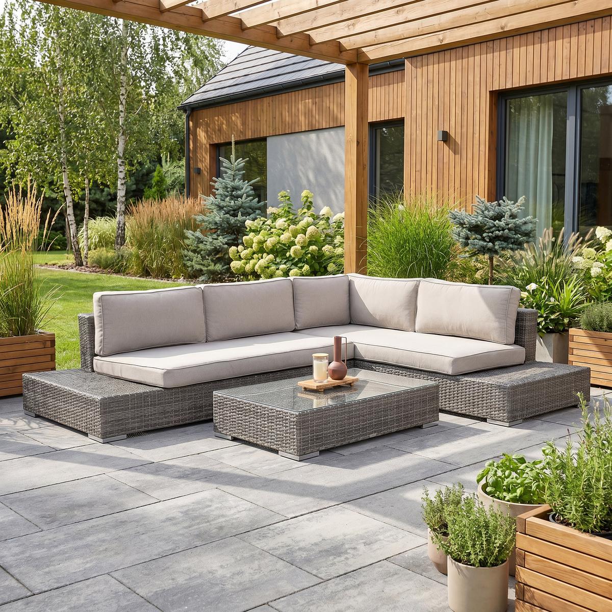 GARTENSET Firenze, aus Technorattan, Ecksofa und Kaffeetisch, für 4 Personen, Dunkelgrau - Dunkelgrau/Beige, Naturmaterialien - Beautysofa
