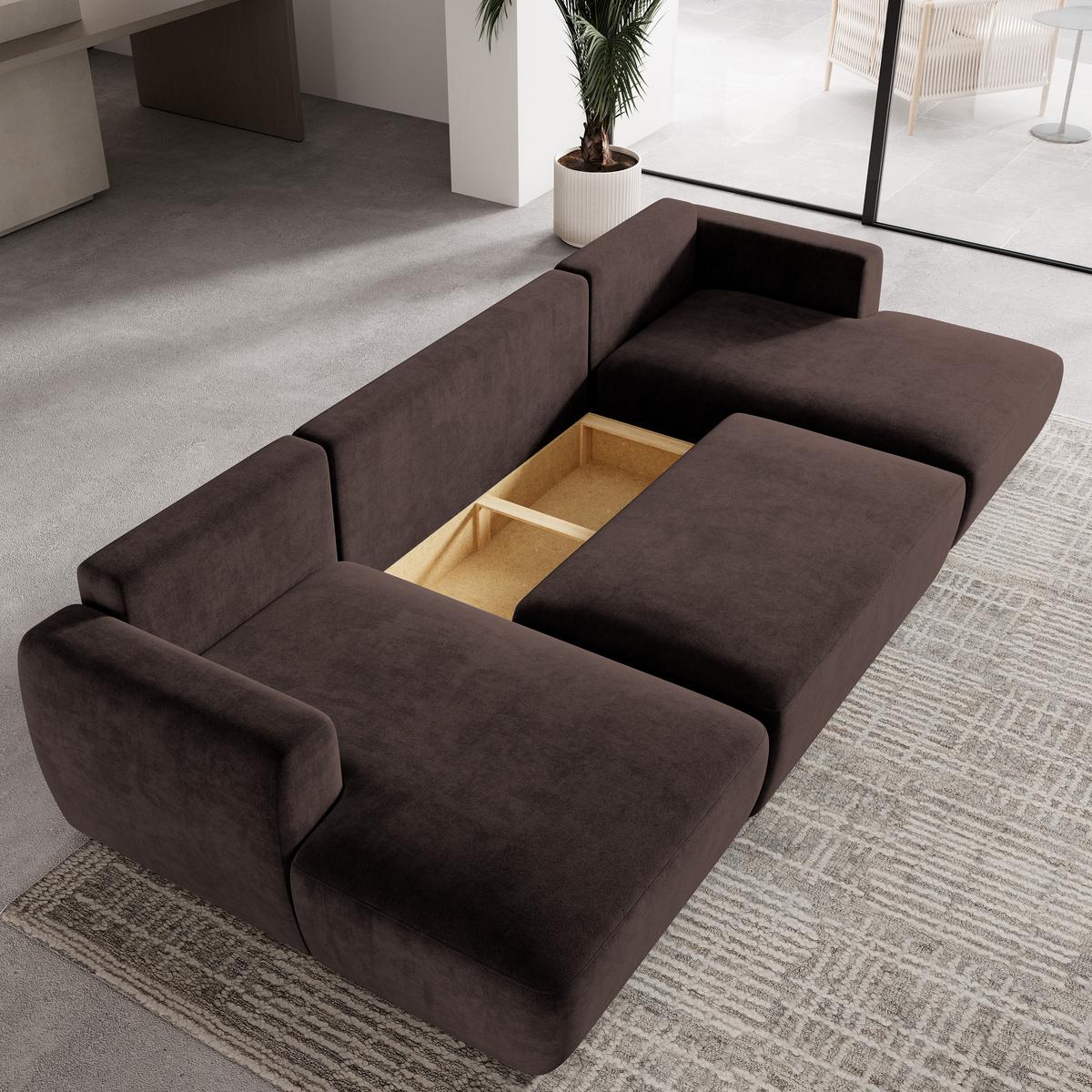 WOHNLANDSCHAFT SENTUM K Braun Plüsch-Stoff mit Schlaffunktion - Schwarz/Braun, Holz/Kunststoff (330/90/148cm) - MASSENO