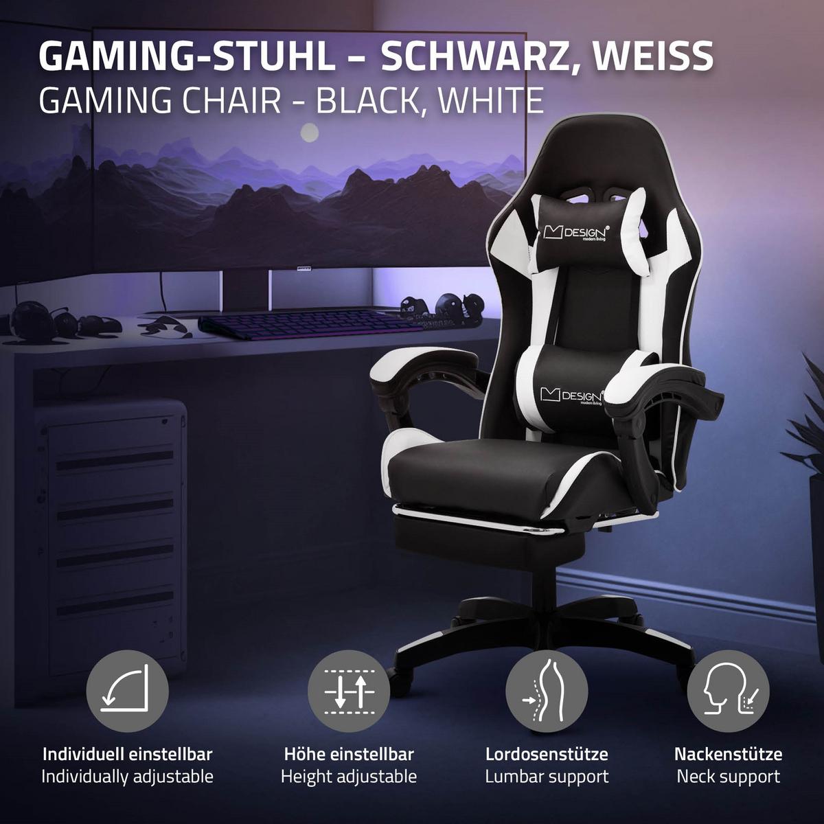 GAMINGSTUHL Schwarz-Weiß aus Kunstleder - Schwarz/Weiß, Kunststoff/Metall (62/119/62cm) - ML-DESIGN