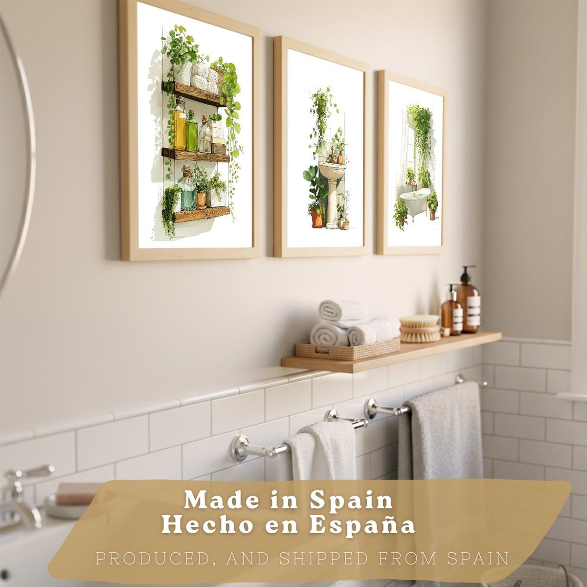 POSTER 3er-Set dekorative Badezimmerbilder, Wanddeko, im botanischen Stil, für Toilette, grüne Pflanzen Leichter Holzrahmen A4 - Beige, Papier (29.7/21/3cm) - Nacnic
