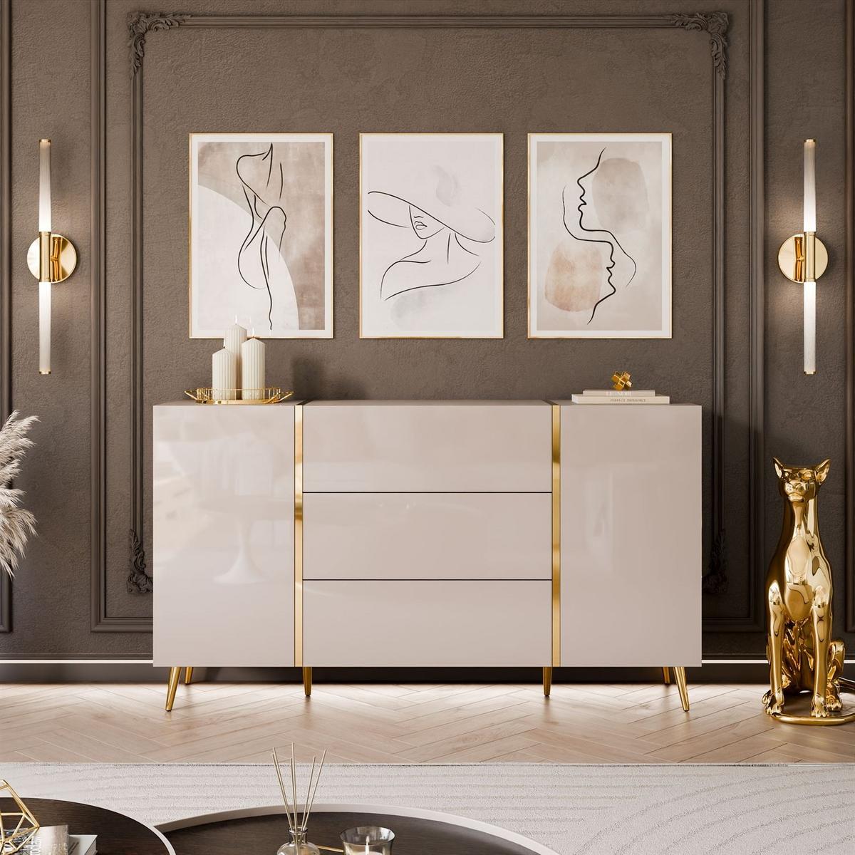 SIDEBOARD mit Schubladen ONYX Kaschmir auf goldenen Beinen Hochglanz - Kaschmir/Goldfarben, Holzwerkstoff (158/88/41.3cm) - Lookway