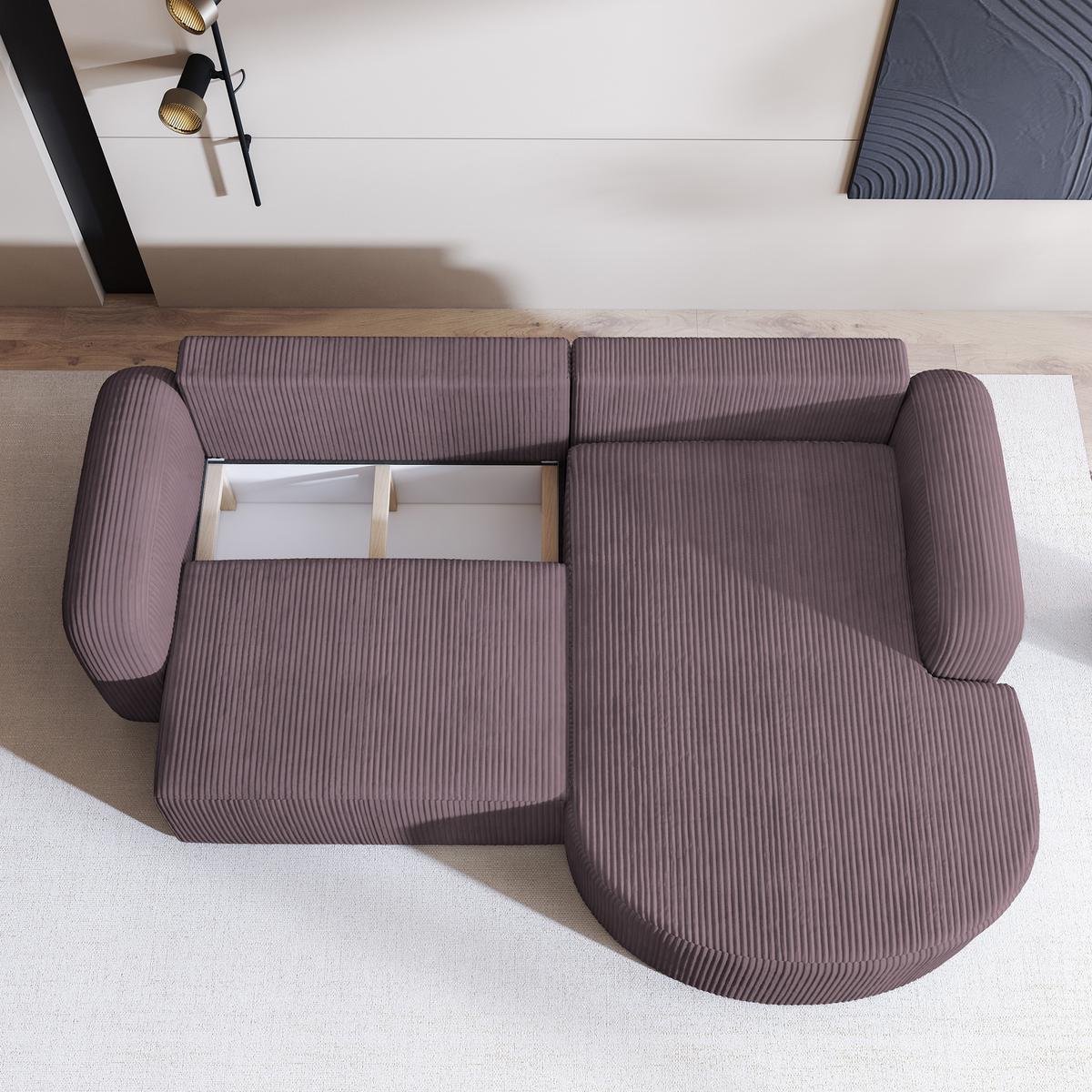 ECKSOFA AMILIA P R-S Lila Kordstoff mit Schlaffunktion - Lila, Holz (263/174cm) - MASSENO