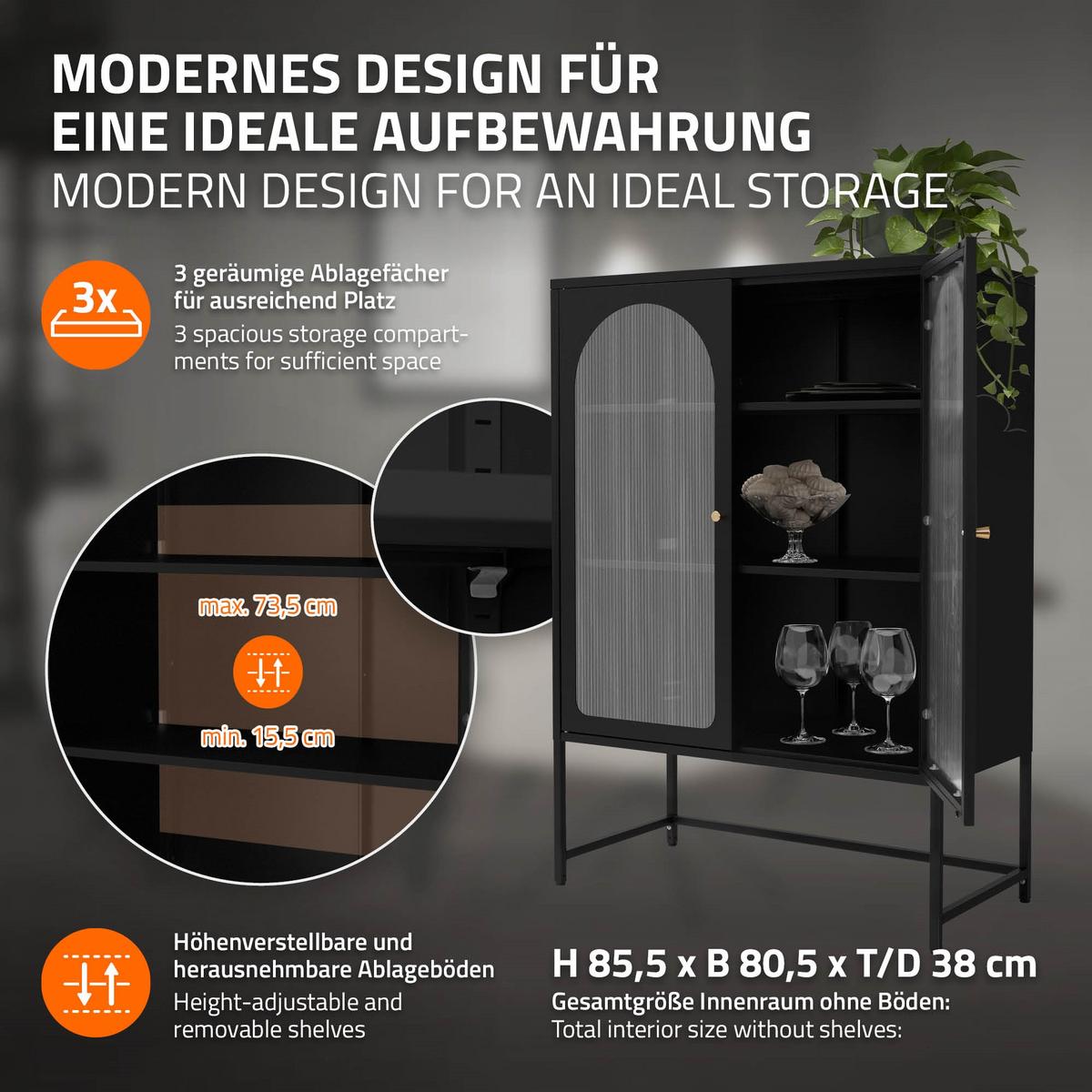 VITRINENSCHRANK 85 x 120 x 40 cm Schwarz aus Stahl - Schwarz, Metall (85/120/40cm) - ML-DESIGN