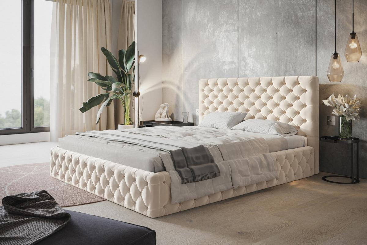 BETT 90x200 - Polsterbett mit Bettkasten und Holzrahmen - Elegant Betten - Weicher Jasminstoff - Kollektion Miami, Beige - Beige, Holz/Textil (90/200cm) - Alpi-Möbel