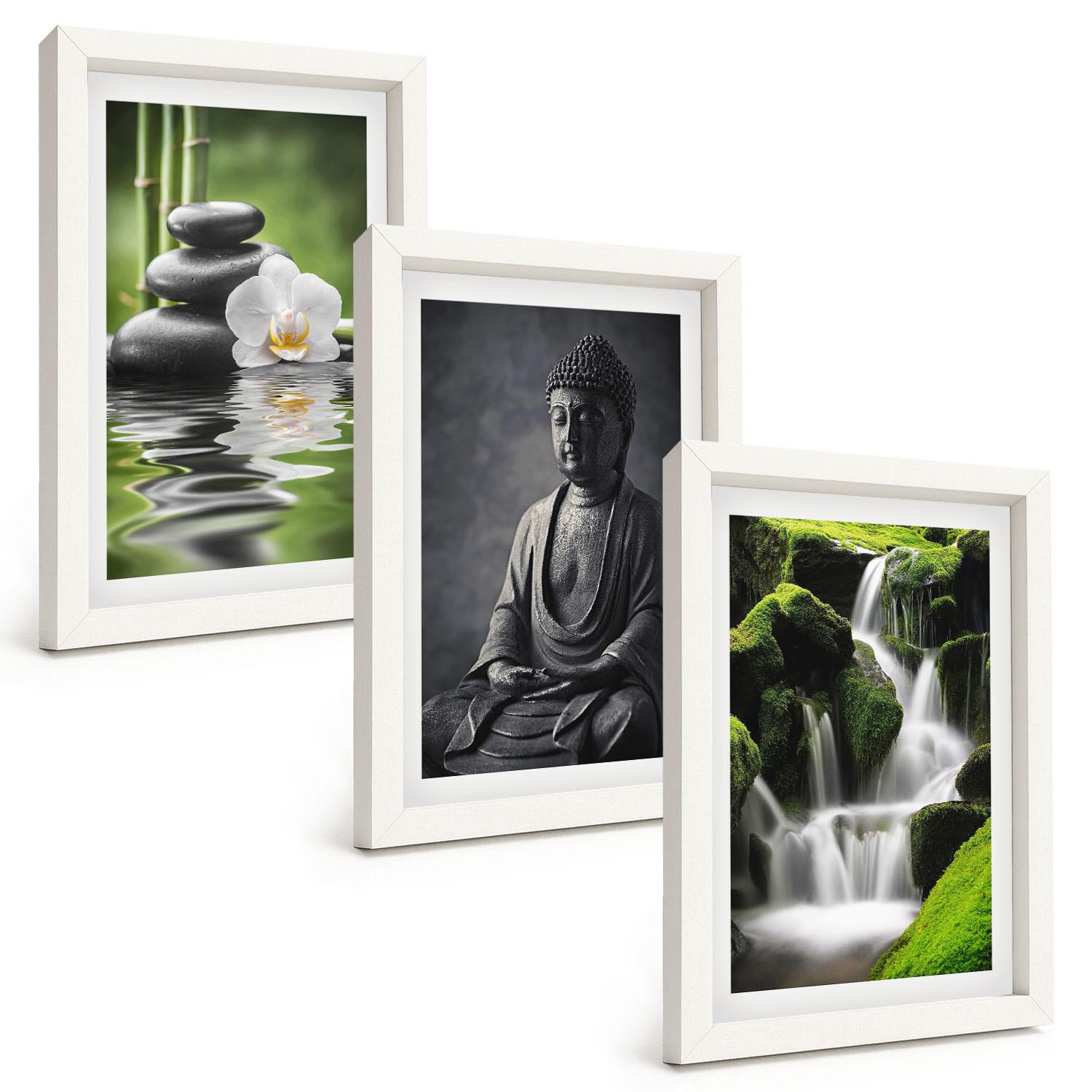 BILDER SET 3er Set - 20x30 cm Weißer Rahmen - Entspannende Zen-Wassermalerei - Weiß, Kunststoff (20/30cm) - TULUP