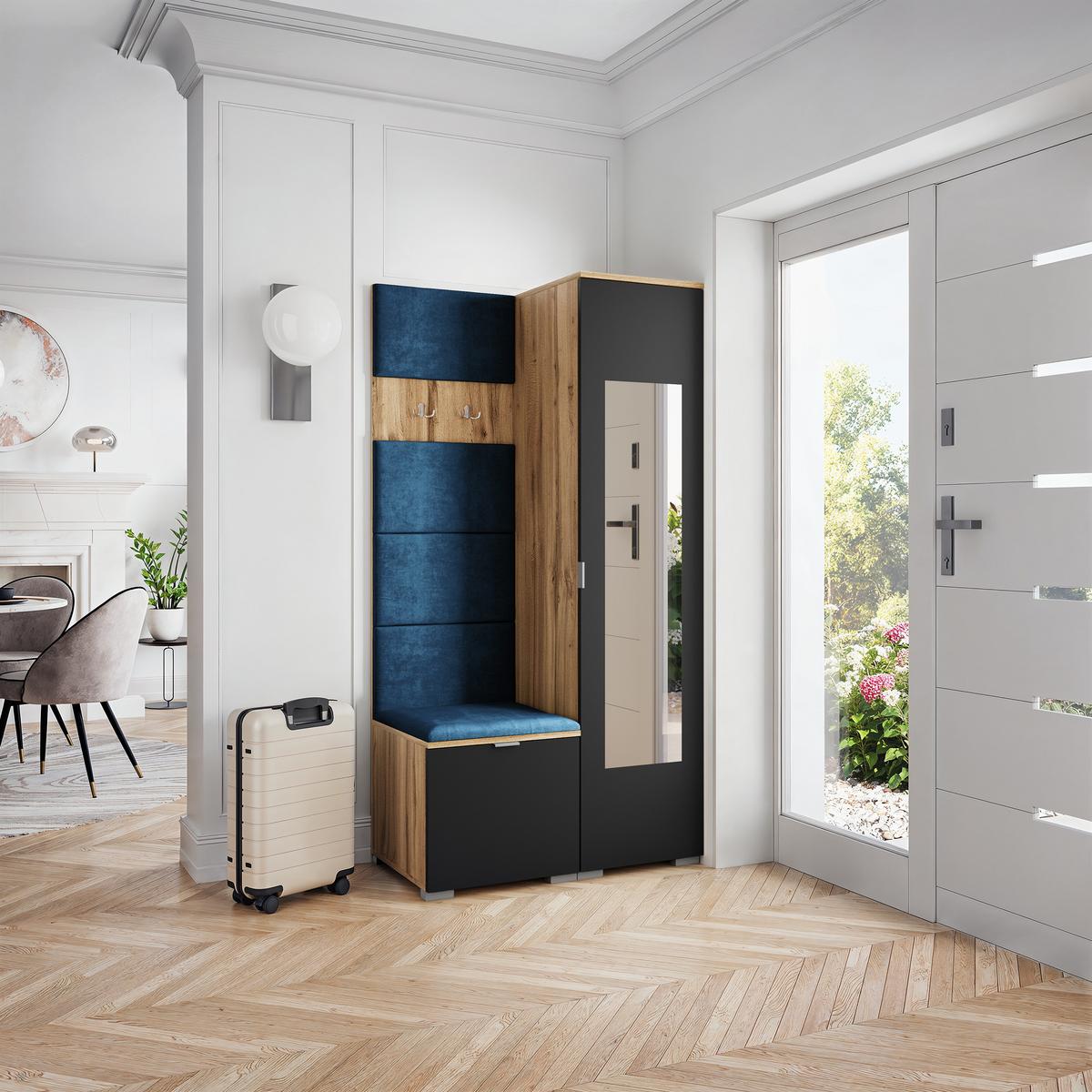 GARDEROBENSCHRANK VIRA 95/181/51 cm Modern Garderobe-Set Eiche Wotan - Blau/Eiche Wotan, Holzwerkstoff (95/181/51cm) - MASSENO