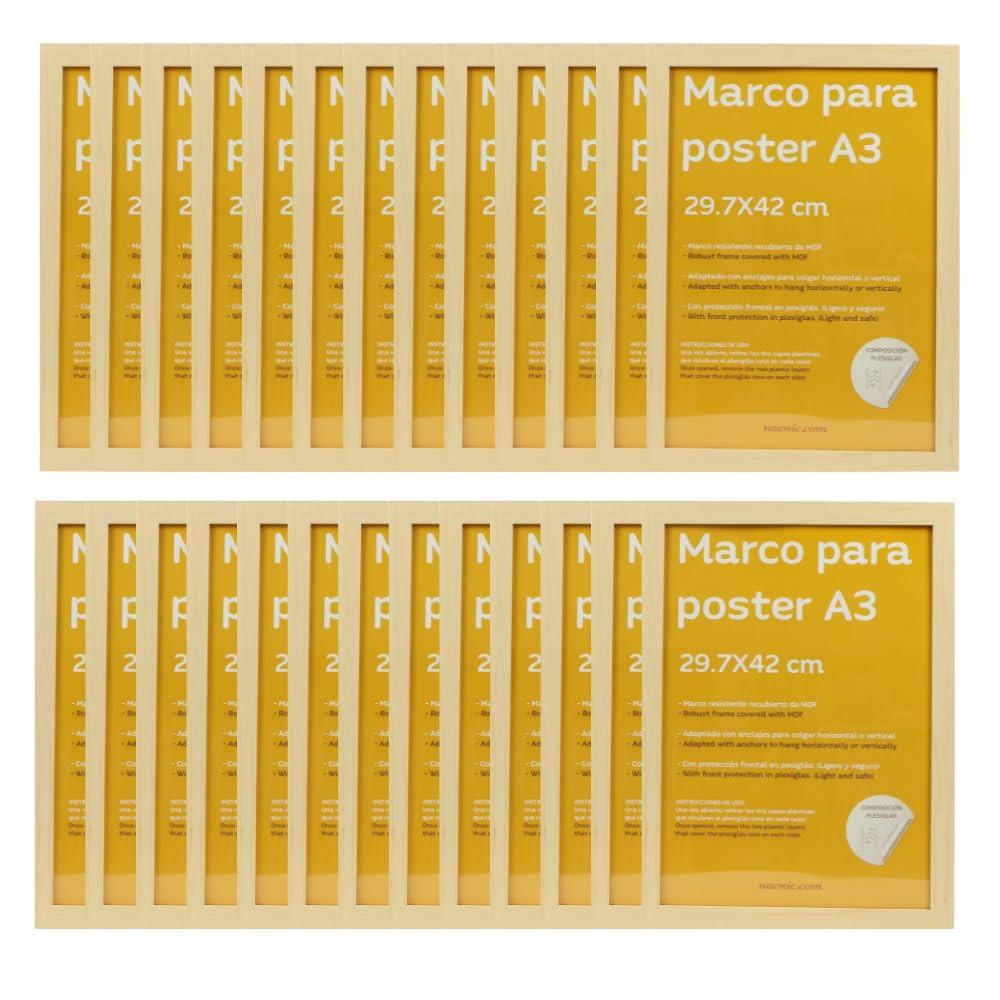RAHMEN Set mit 24 aus MDF und Acrylglas Schutz und Aussteller für Fotografien, Bilder, Poster, Gemälde, Dekoration für Haus Farbe Hellholz A3 - Beige, Holz (29.7/3cm) - Nacnic