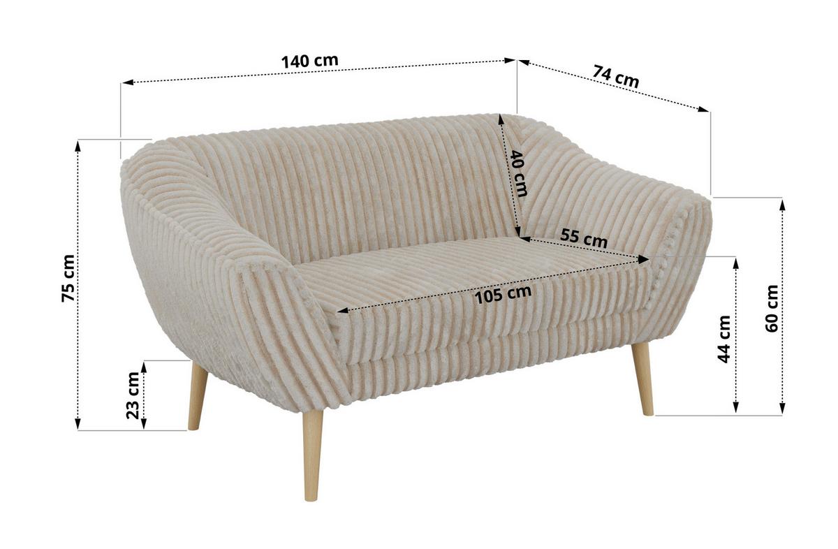 2-SITZER-SOFA PIRS - Beige Cord - Holzbeine - Beige/Buchefarben, Holzwerkstoff/Textil (140/75/74cm) - MKS