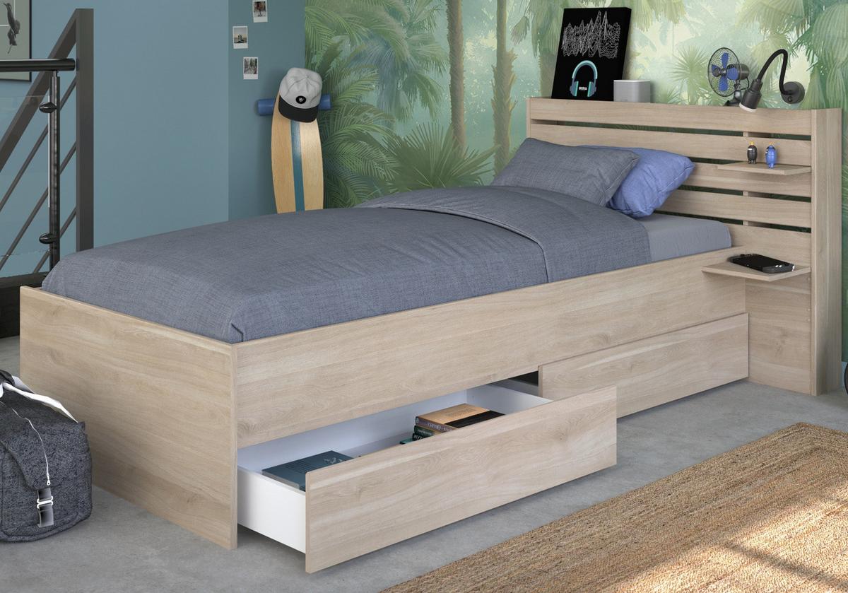 STAURAUMBETT Jugendzimmer Bett 90 x 200 mit 2 x Bettschubkasten - Eichefarben, Holz/Holzwerkstoff (90/200cm) - Parisot Meuble