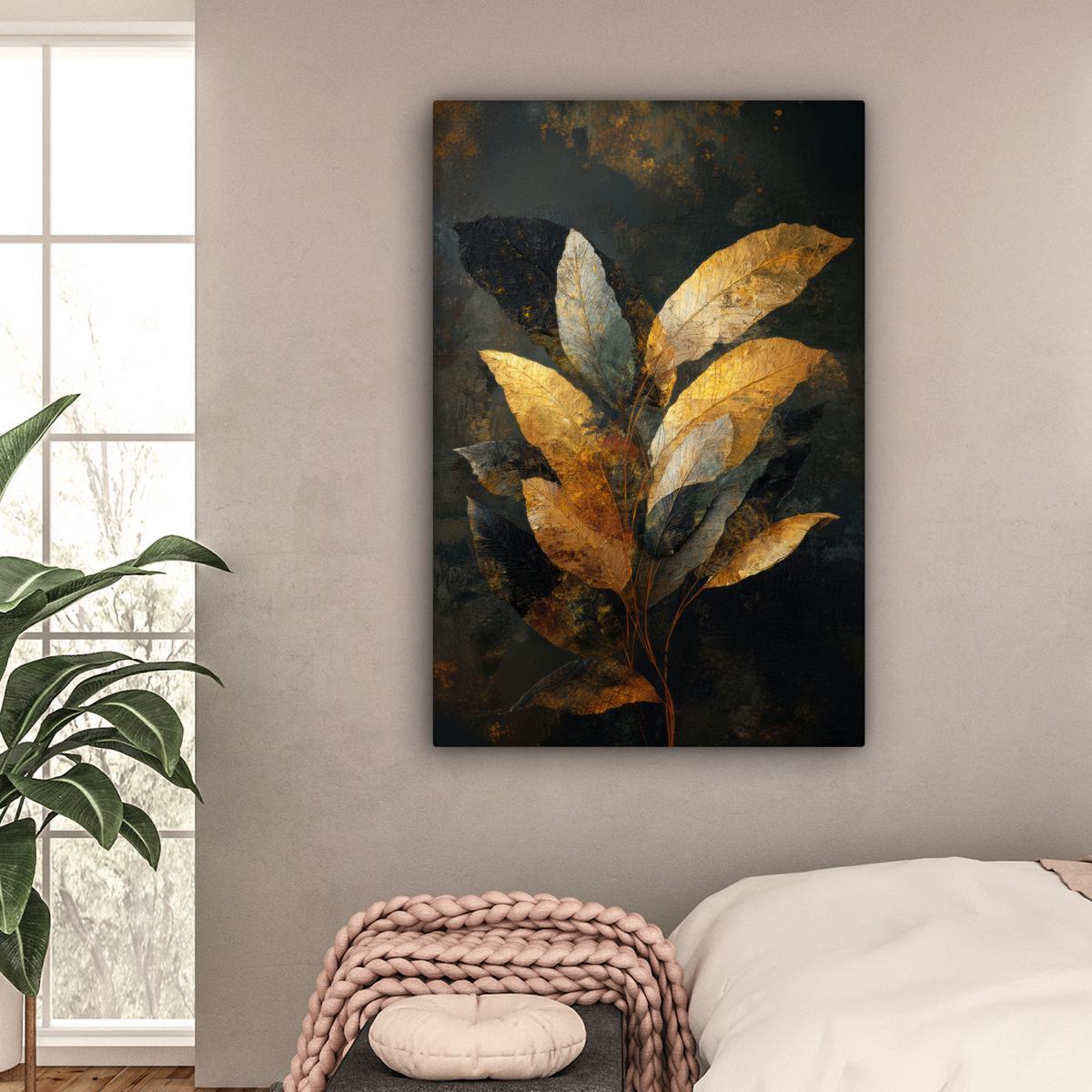 LEINWANDBILD Golden Leaf Komposition - Botanical Luxury Deko Groß 90x140 cm - Goldfarben/Schwarz, Textil (90/140cm) - MuchoWow