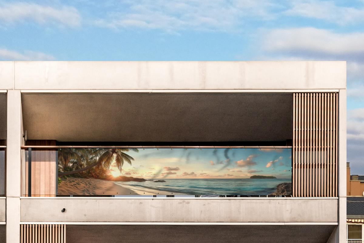 BALKON-SICHTSCHUTZ Strand - Palmen - Meer - Sonnenuntergang Deko XXL 500x110 cm - Samtahornfarben, Kunststoff (500/110cm) - MuchoWow