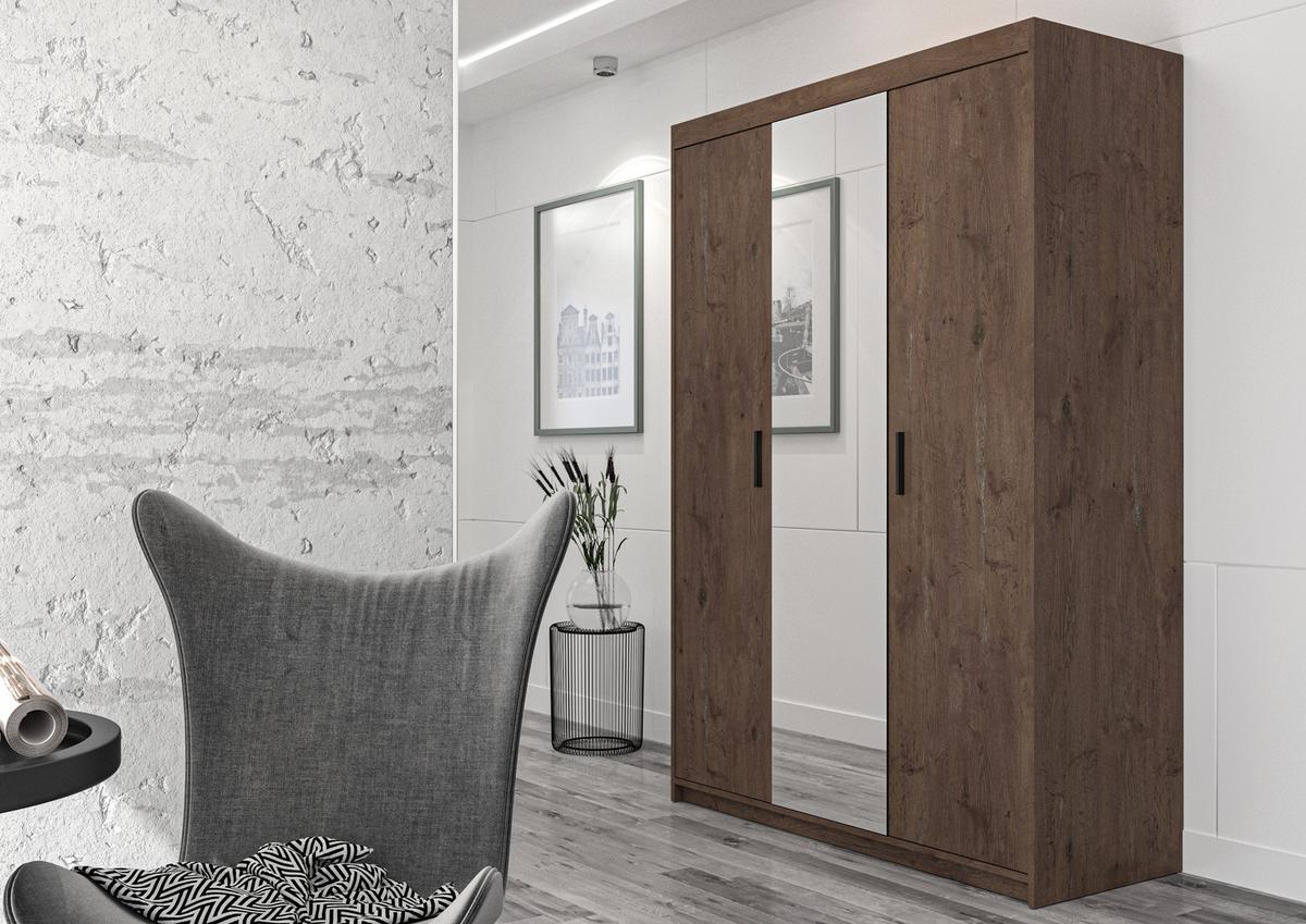 KLEIDERSCHRANK Storicos Eiche Lefkas 133/190,5/53 cm - Modern mit Spiegel 3-türig - Braun, Holzwerkstoff/Kunststoff (133/190.6/53cm) - AX Living