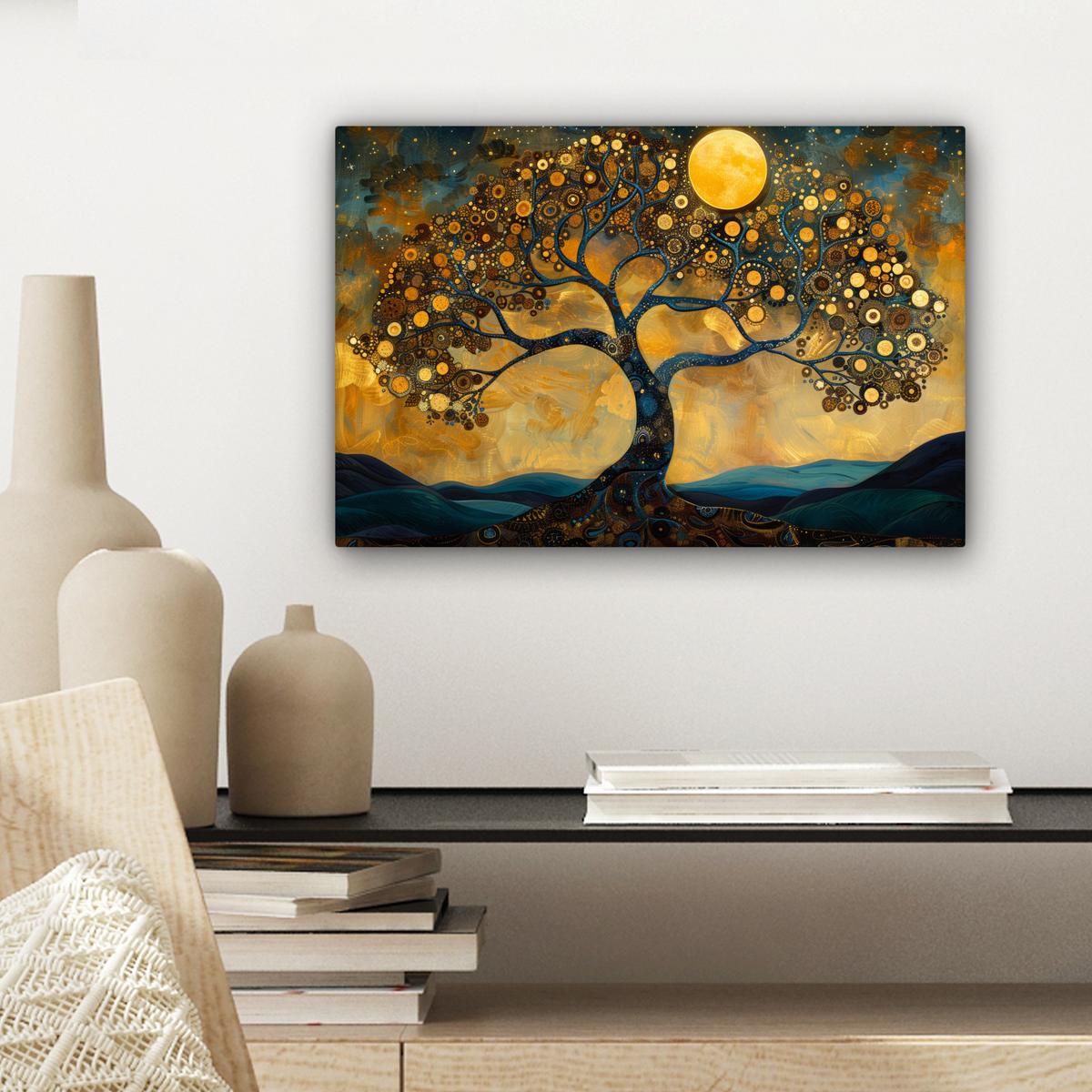 LEINWANDBILD Baum - Mond - Blumen - Gold - Kunst Deko Schlafzimmer 30x20 cm - Orange, Textil (30/20cm) - MuchoWow