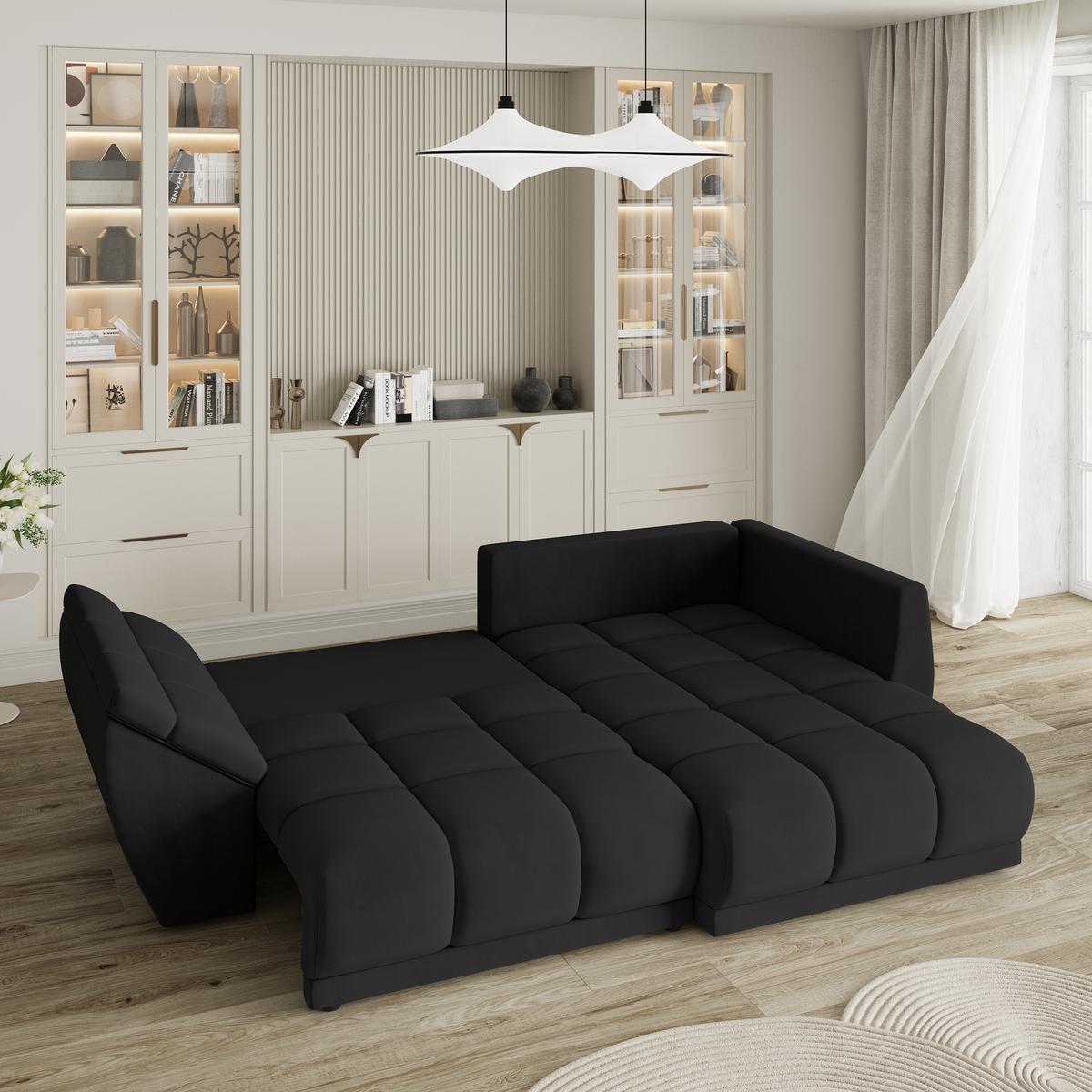 ECKSOFA ORENTI R-S Schwarz Velours-Stoff mit Schlaffunktion - Schwarz, Holz (287/182cm) - MASSENO