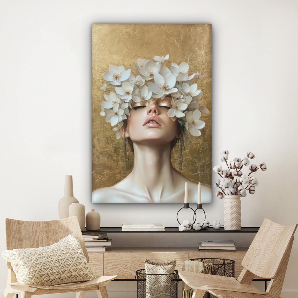 LEINWANDBILD Gesicht - Blumen - Gold - Abstrakt Deko Groß 90x140 cm - Goldfarben, Textil (90/140cm) - MuchoWow