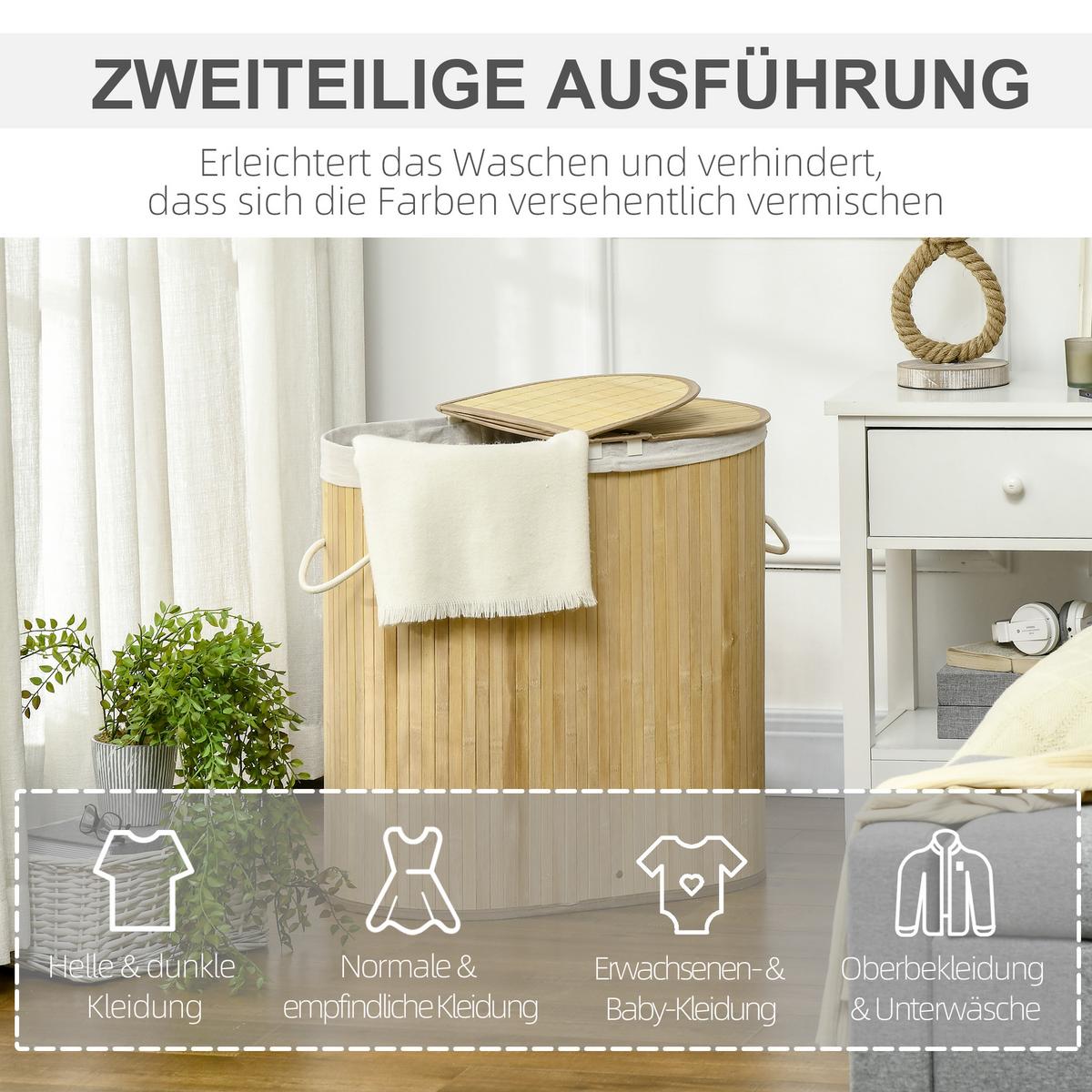 WÄSCHEKORB 100L Wäschebox mit Deckel, Griff, 2 Abschnitten Bambus Natur - Naturfarben, Naturmaterialien (37/60.5/62.5cm) - HOMCOM