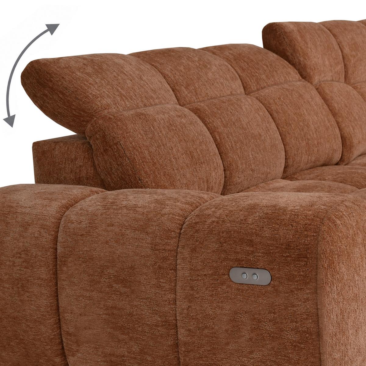 ECKSOFA Marco Mini mit elektrisch ausfahrbarem Sitz und verstellbaren Kopfstützen, Links, Chenille-Stoff, Dunkelorange - Dunkelorange/Schwarz, Textil (275/182cm) - Beautysofa