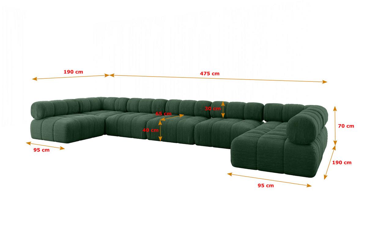 WOHNLANDSCHAFT modulares Sofa Garvo-U3 - 475x190x70 cm Grün Cord - Grün, Holzwerkstoff/Textil (475/70/190cm) - ALTDECOR