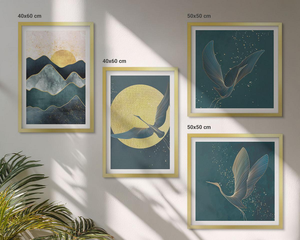 BILDER SET 4er Set - 50x50 cm & 40x60 cm Goldrahmen - Vögel, Kraniche, Mond, Berge - Goldfarben, Kunststoff (50/50cm) - TULUP