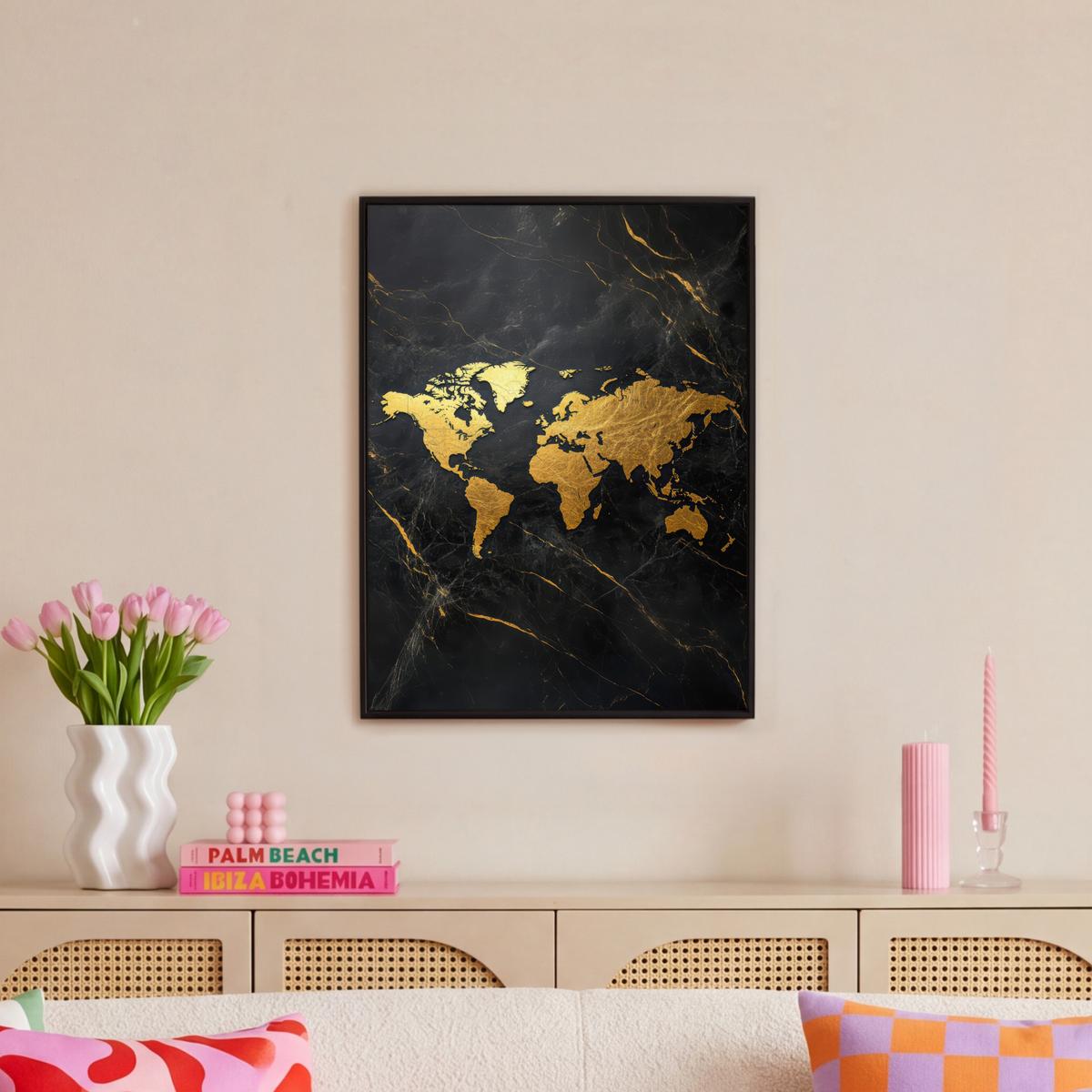 LEINWAND Bilder mit Rahmen - Weltkarte - Gold - Marmor - 50x70 - Goldfarben, Textil (50/70cm) - MuchoWow