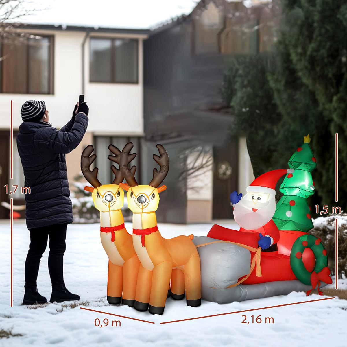 216 cm Aufblasbarer Weihnachtsmann auf Schlitten mit 2 Rentier mit LED-Lichtern - Multicolor, Textil (90/150/216cm) - Outsunny
