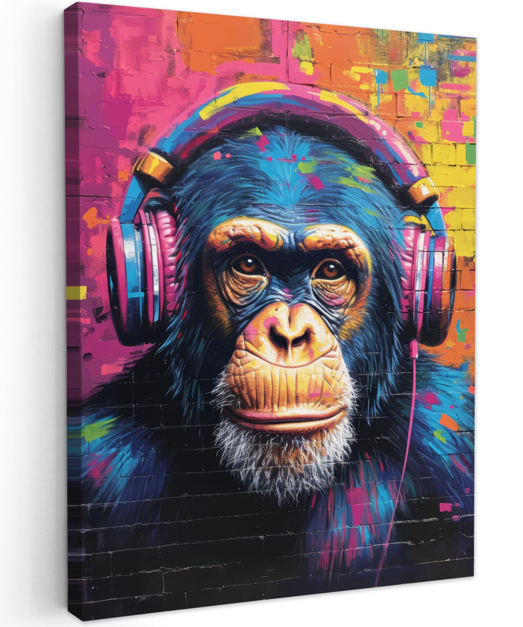 LEINWANDBILD Graffiti - Schimpanse - Straßenkunst - Kopfhörer - Affe Room Decor 30x40 cm - Blau, Textil (30/40cm) - MuchoWow