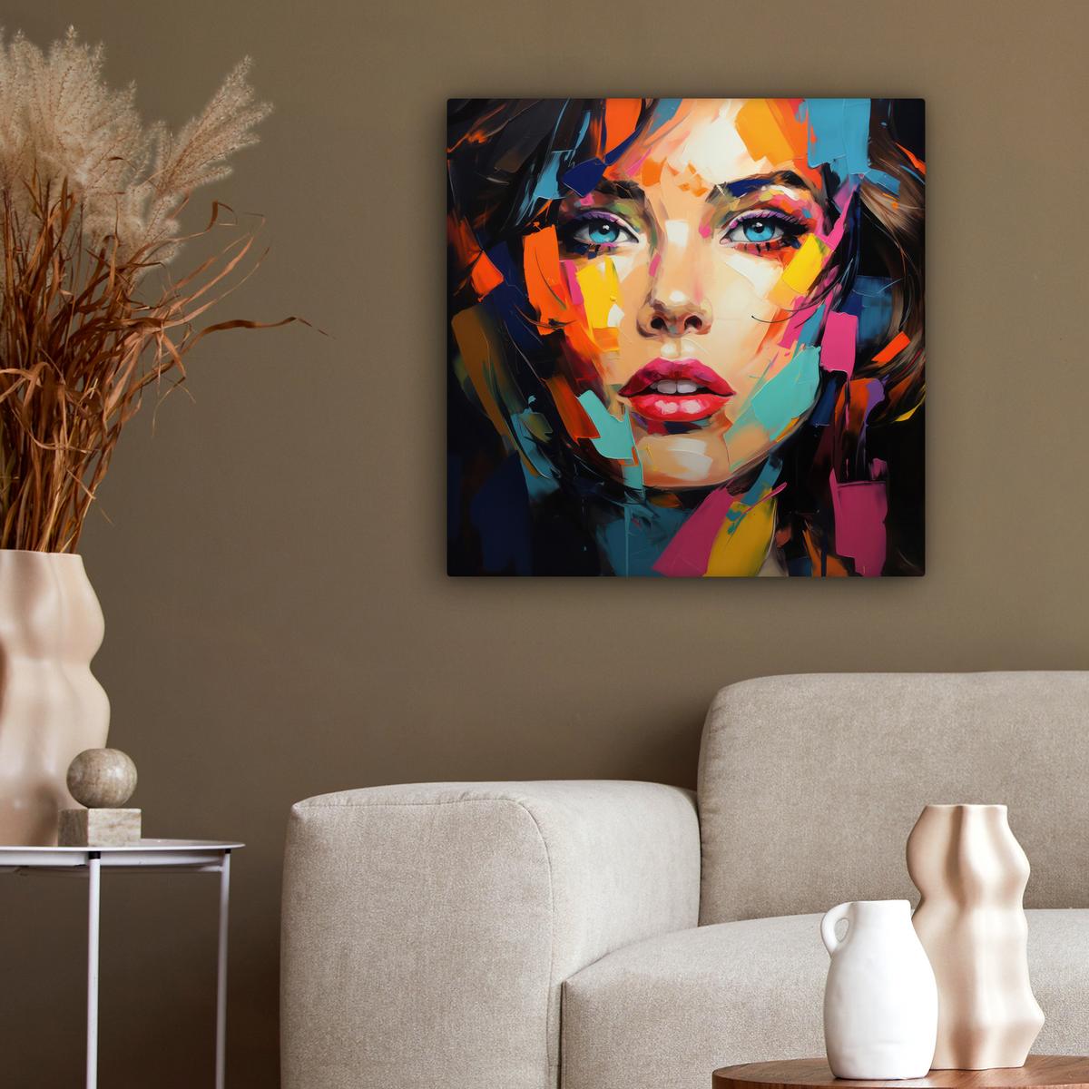 LEINWANDBILD Frau - Porträt - Farbenfroh - Kunst Wandbild Wohnzimmer 50x50 cm - Multicolor, Textil (50/50cm) - MuchoWow