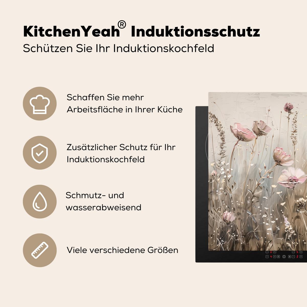 HERDABDECKPLATTE Blumen - Beige - Trockenblumen Induktionsschutz 81.6x52.7 cm - Beige, Kunststoff (81.6/52.7/0.2cm) - MuchoWow