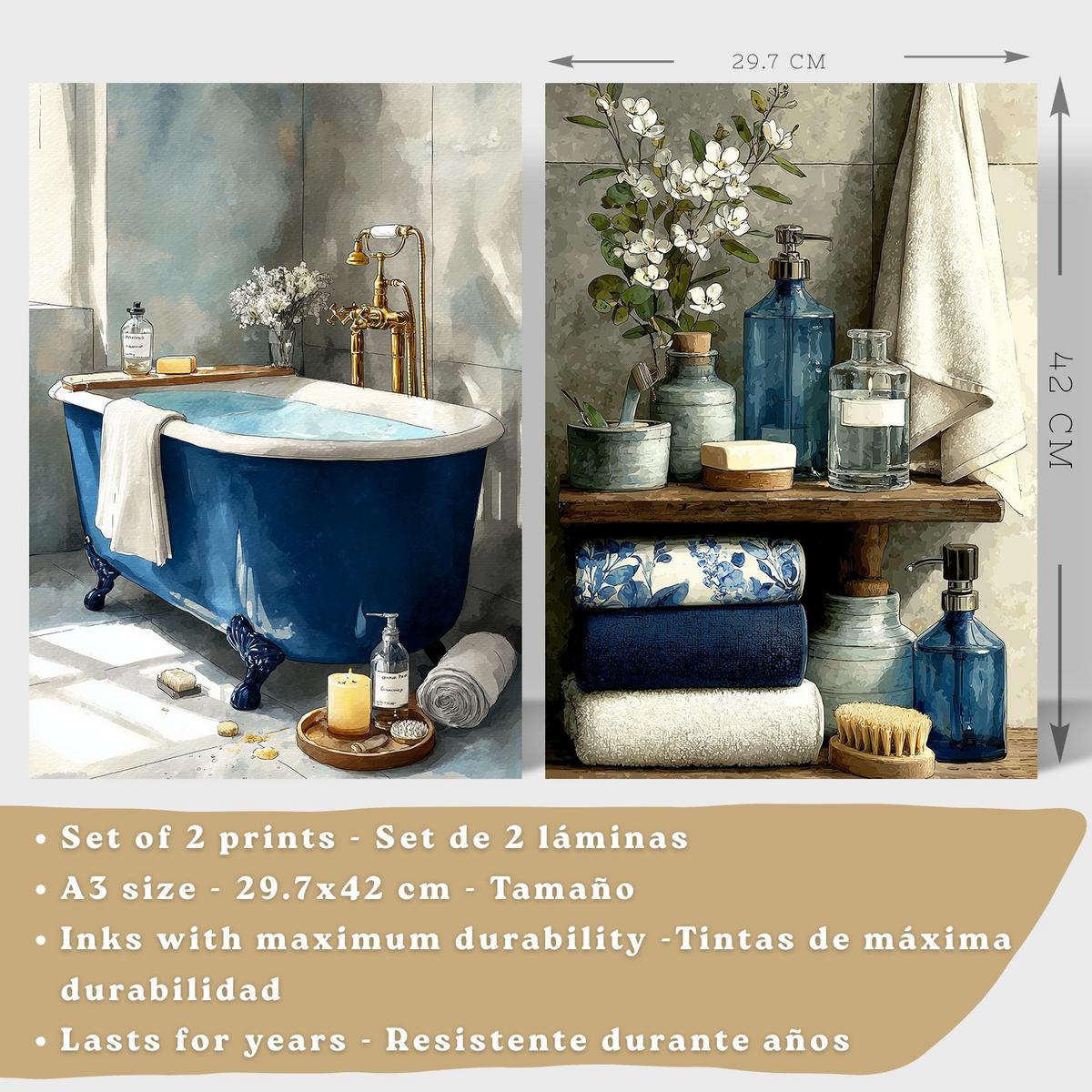 POSTER 2er-Set dekorative Badezimmer-Poster, moderne Wandbilder für Waschbecken, elegante Dekoration mit blauer Badewanne Leichter Holzrahmen A3 - Beige, Papier (42/29.7/3cm) - Nacnic