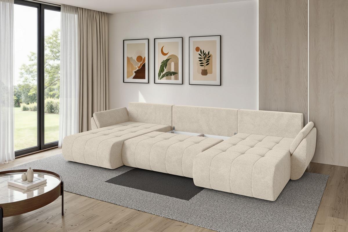 WOHNLANDSCHAFT mit Schlaffunktion und Bettkasten TOKO-U 378x194x86 Creme Velours - Creme/Schwarz, Holzwerkstoff/Kunststoff (378/86/194cm) - ALTDECOR