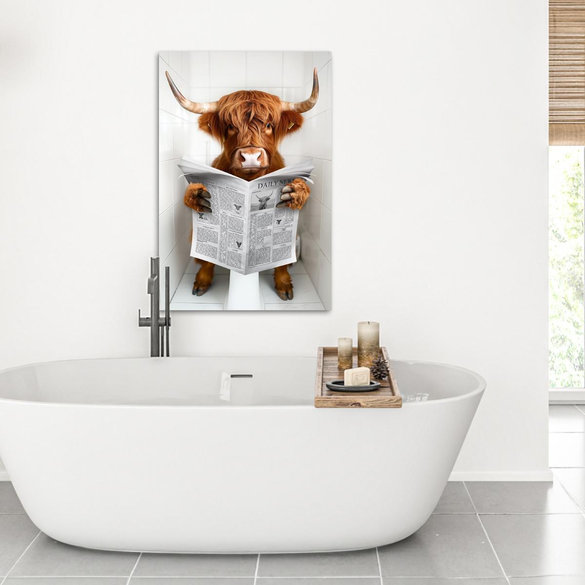 LEINWANDBILD Schottischer Highlander - Tier - Zeitung - Toilette Wanddeko Schlafzimmer 60x90 cm - Kastanienfarben, Textil (60/90cm) - MuchoWow