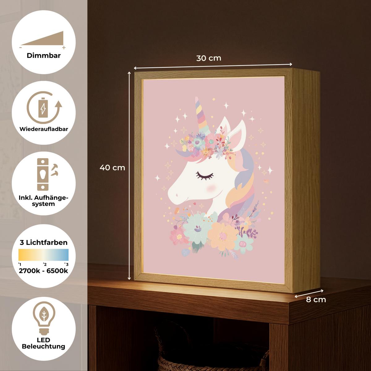 WANDLEUCHTE MIT AKKU Einhorn - Rosa - Blumen 30x40 cm - Rosa, Holzwerkstoff (30/40/8cm) - OnlyWow