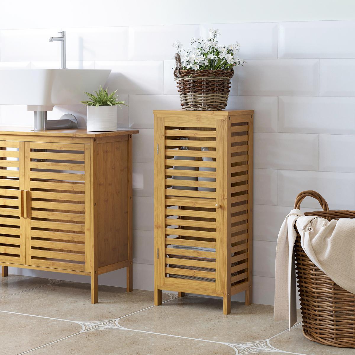 BADSCHRANK Badezimmerschrank, Bad Beistellschrank mit Lamellentür, 2 Fächern - Naturfarben, Holz (19.9/70/30cm) - Kleankin