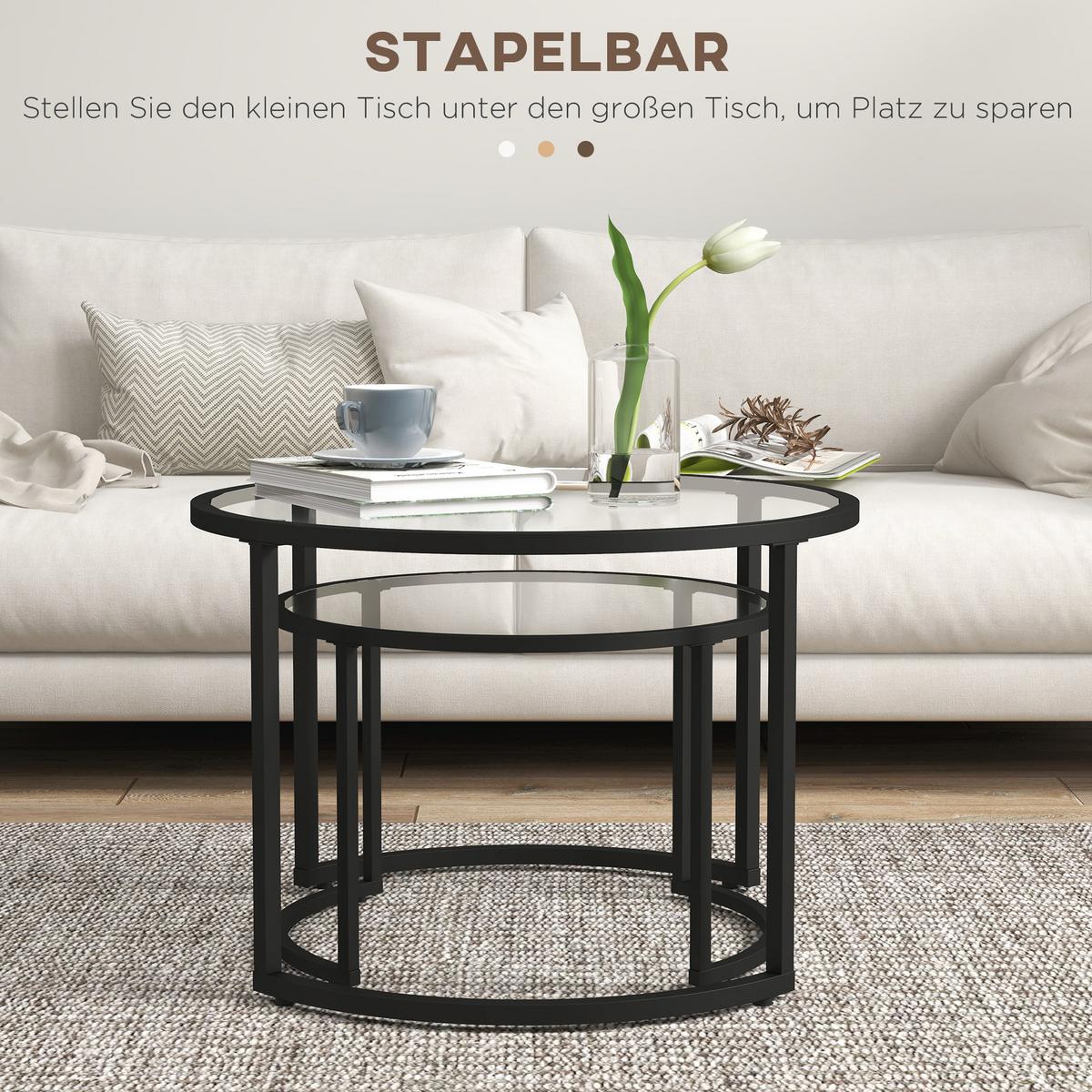 COUCHTISCH 2er-Set, Beistelltisch mit Stahlgestell, Kaffeetisch, Schwarz - Schwarz, Glas/Metall (70/70/47.5cm) - HOMCOM