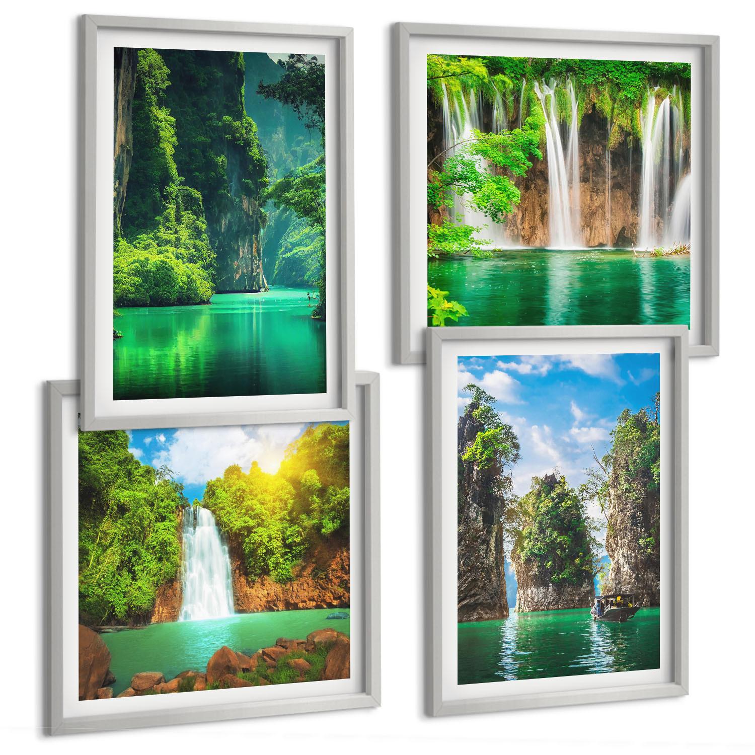 BILDER SET 4er Set - 50x50 cm & 40x60 cm Silberner Rahmen - Grüne Landschaften, Wasserfälle - Silberfarben, Kunststoff (50/50cm) - TULUP