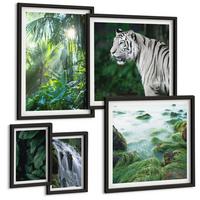 BILDER SET 5er Set - 50x50 cm & 20x30 cm & 40x60 cm Schwarzer Rahmen - Blätter und Blüten in verschiedenen Farben - Schwarz, Kunststoff (40/60cm) - TULUP