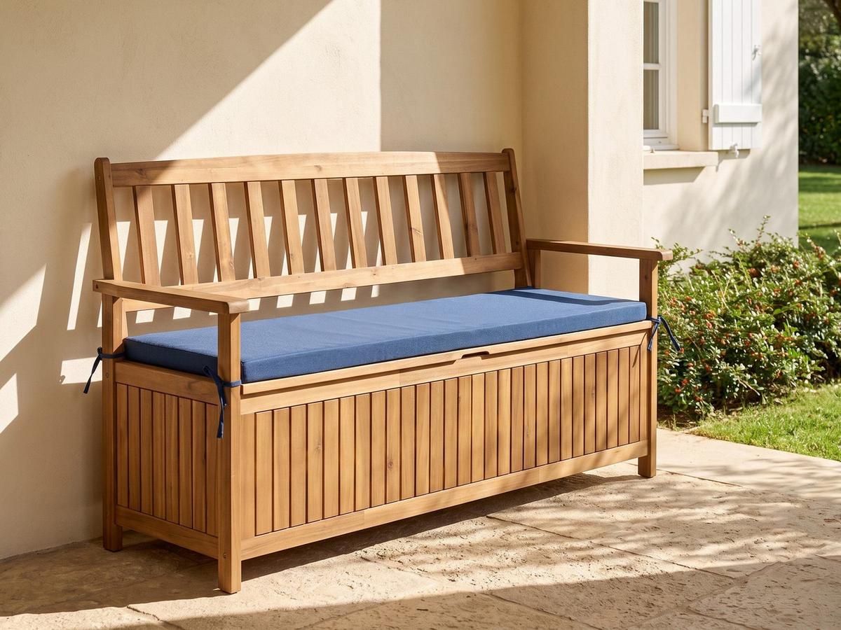 GARTENBANK mit Auflage 160 cm mit Stauraum Akazienholz Blau Sovana - Blau/Braun, Holz (160/91/60cm) - Beliani