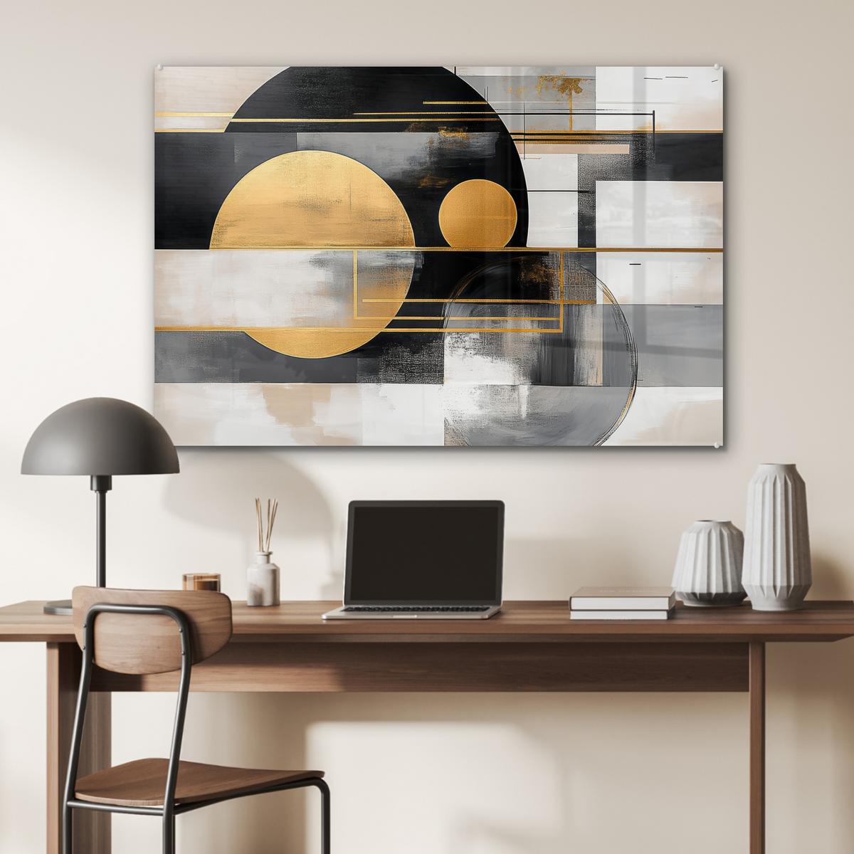 ACRYLGLASBILD Abstrakt - Gold - Silber - Formen - Ästhetisch - Modern Room Decor 90x60 cm - Goldfarben, Glas (90/60cm) - MuchoWow
