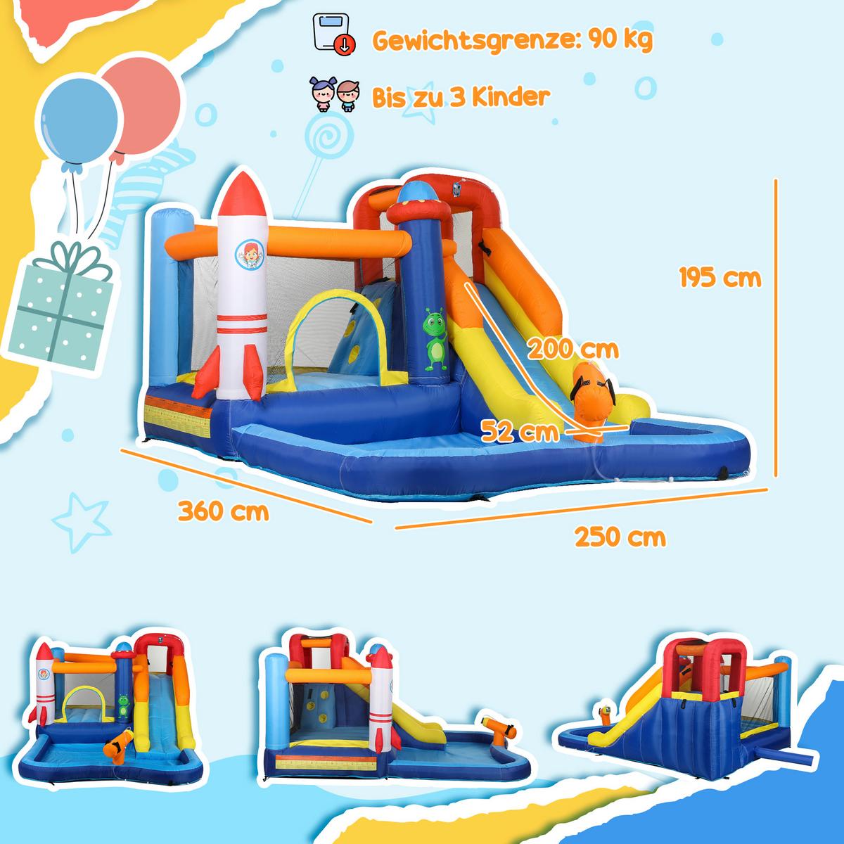 HÜPFBURG mit Gebläse, Rutsche, Planschbecken, Kletterwand, Sprung, Wasserkanone - Multicolor, Textil (360/250/195cm) - AIYAPLAY
