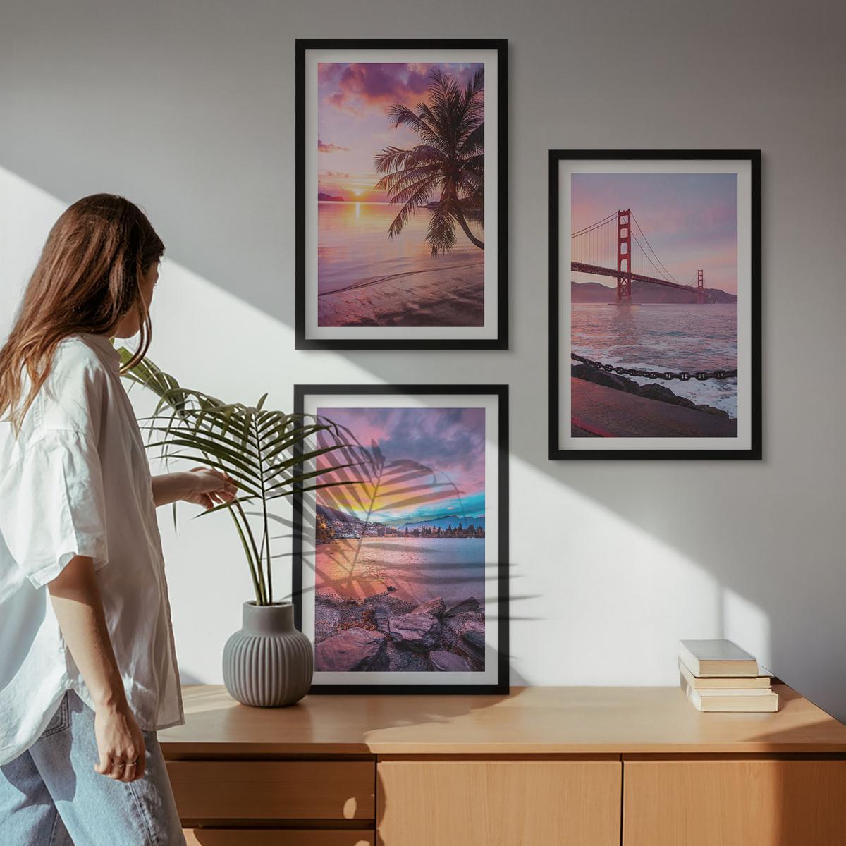 BILDER SET 3er Set - 40x60 cm Schwarzer Rahmen - Sonnenuntergangsbrücke Landschaft - Schwarz, Kunststoff (40/60cm) - TULUP