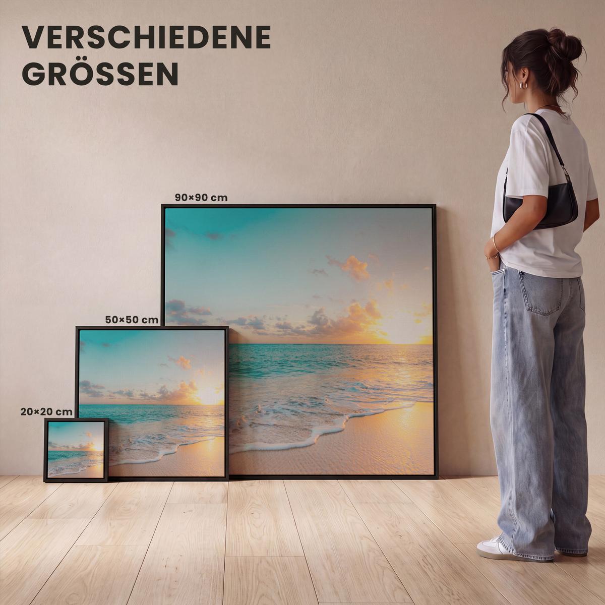 LEINWAND Bilder mit Rahmen - Sonnenuntergang - Strand - Meer - Sommer - Blau - 50x50 - Multicolor, Textil (50/50cm) - MuchoWow