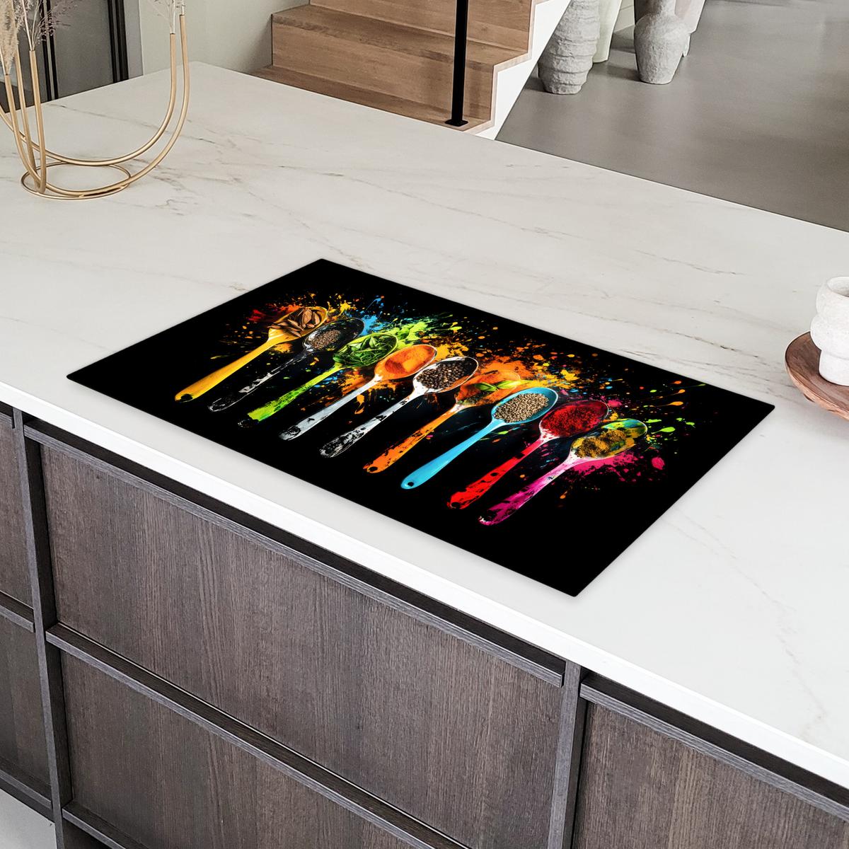 HERDABDECKPLATTE Löffel - Gewürze - Modern - Graffiti - Farbe - Farbenfroh Ceranfeldabdeckung 90x52 cm - Multicolor, Kunststoff (90/52/0.2cm) - MuchoWow