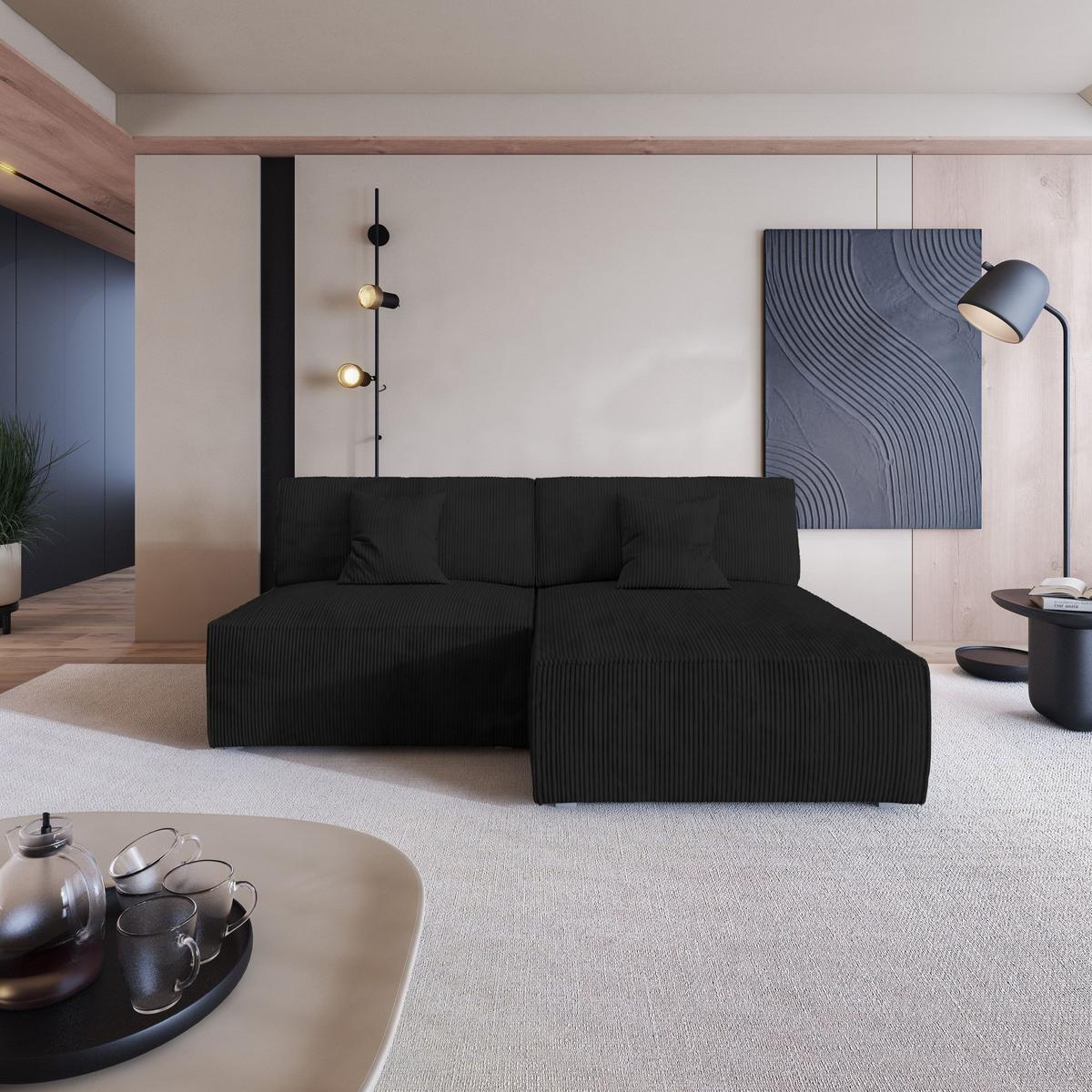 ECKSOFA FIORO P Schwarz Kordstoff mit Schlaffunktion - Schwarz/Grau, Holz/Kunststoff (204/148cm) - MASSENO