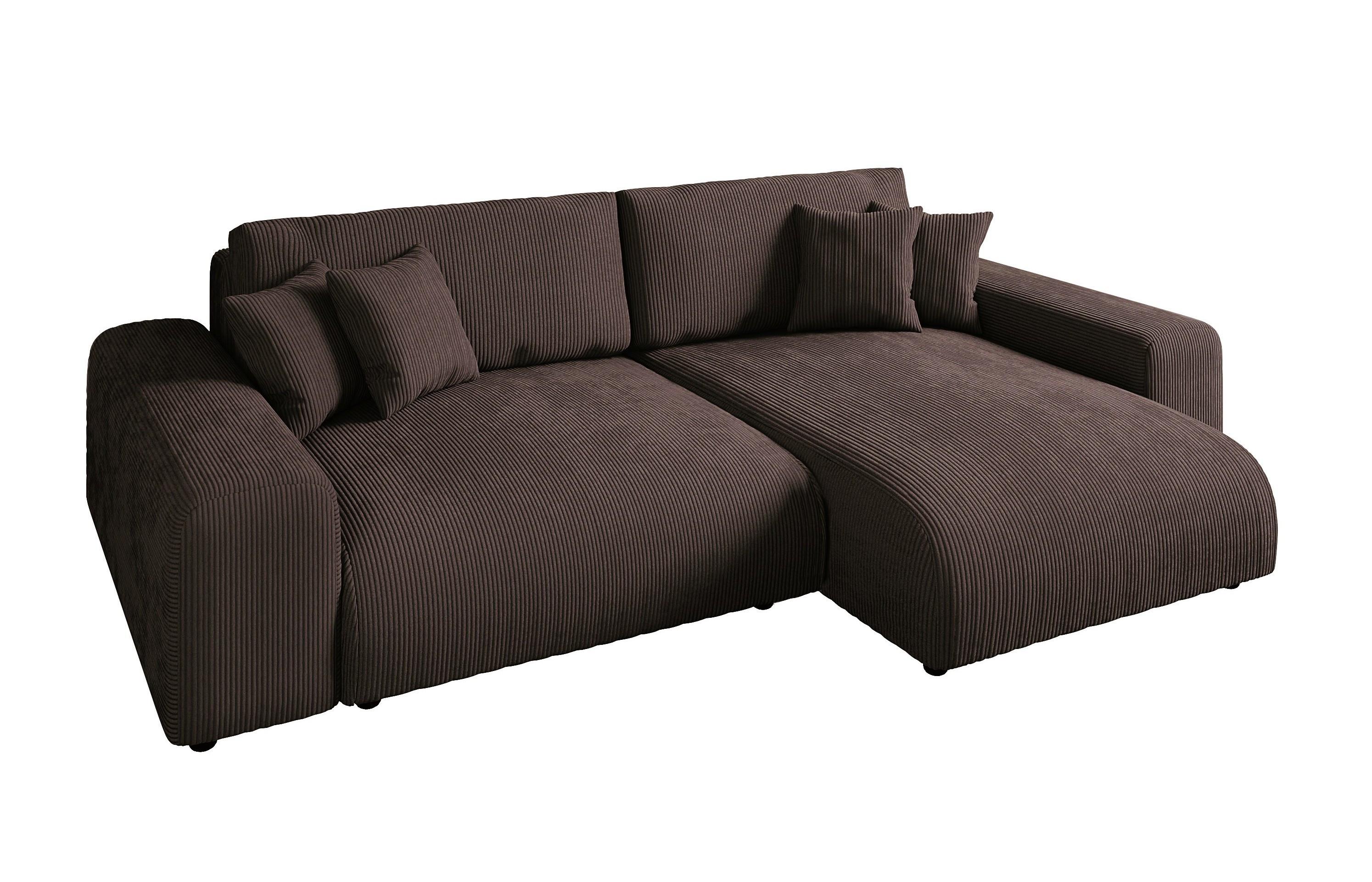 ECKSOFA mit Schlaffunktion, Bettkasten, Wellenunterfederung, seitenverkehrt montierbar B255/T165/H84 cm, Liegefl. 148x196 cm, Cord Dunkelbraun / 21003 - Dunkelbraun/Schwarz, Kunststoff/Textil (255/165cm) - luma-home